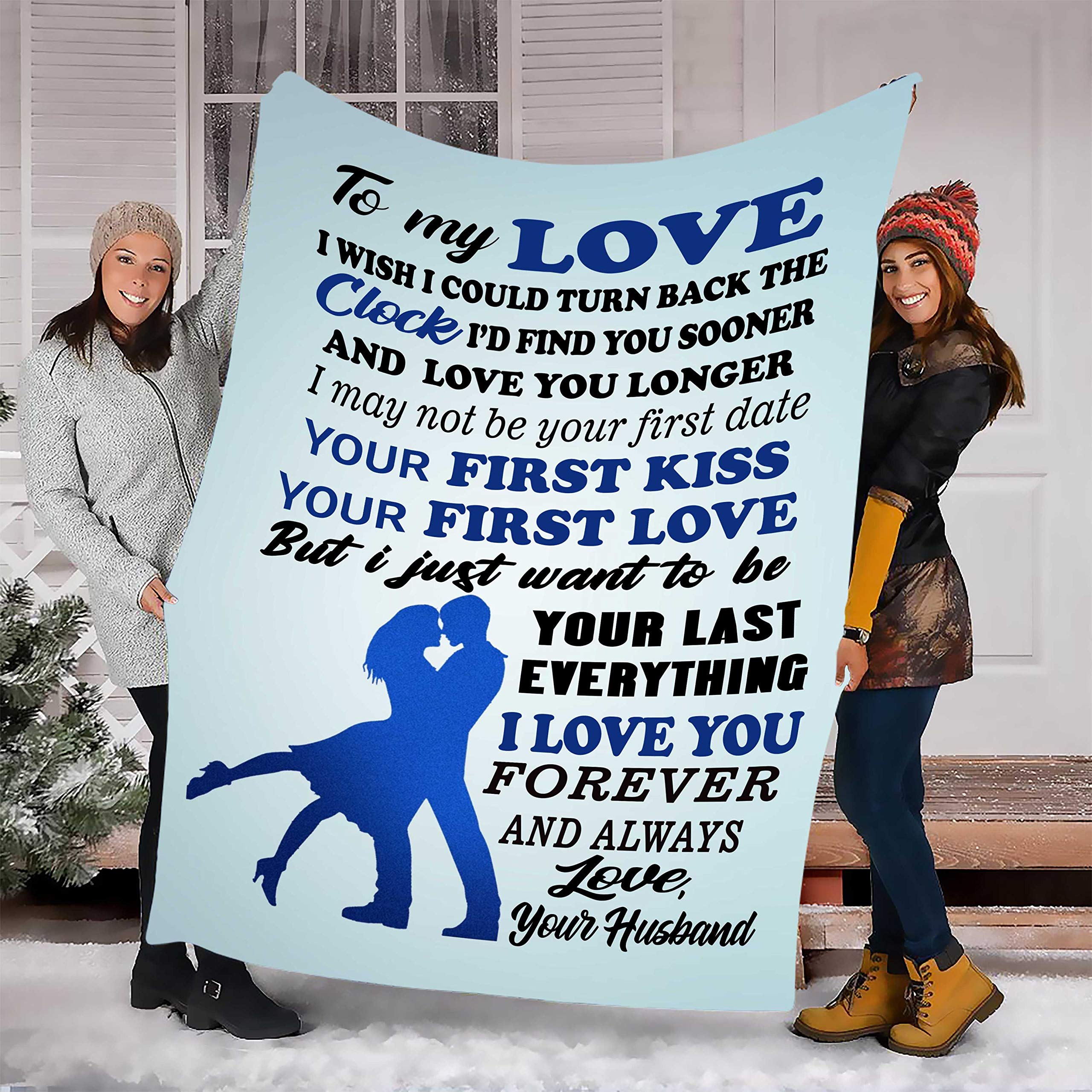 Your First Kiss Your First Love - Premium Fleece Blanket for Wife, Best Anniversary & Valentine's Day Gift, Supersoft Cozy Blanket with Romantic Quotes, Perfect for Cuddling on Cold Nights, Movie Nights, and Romantic Getaways