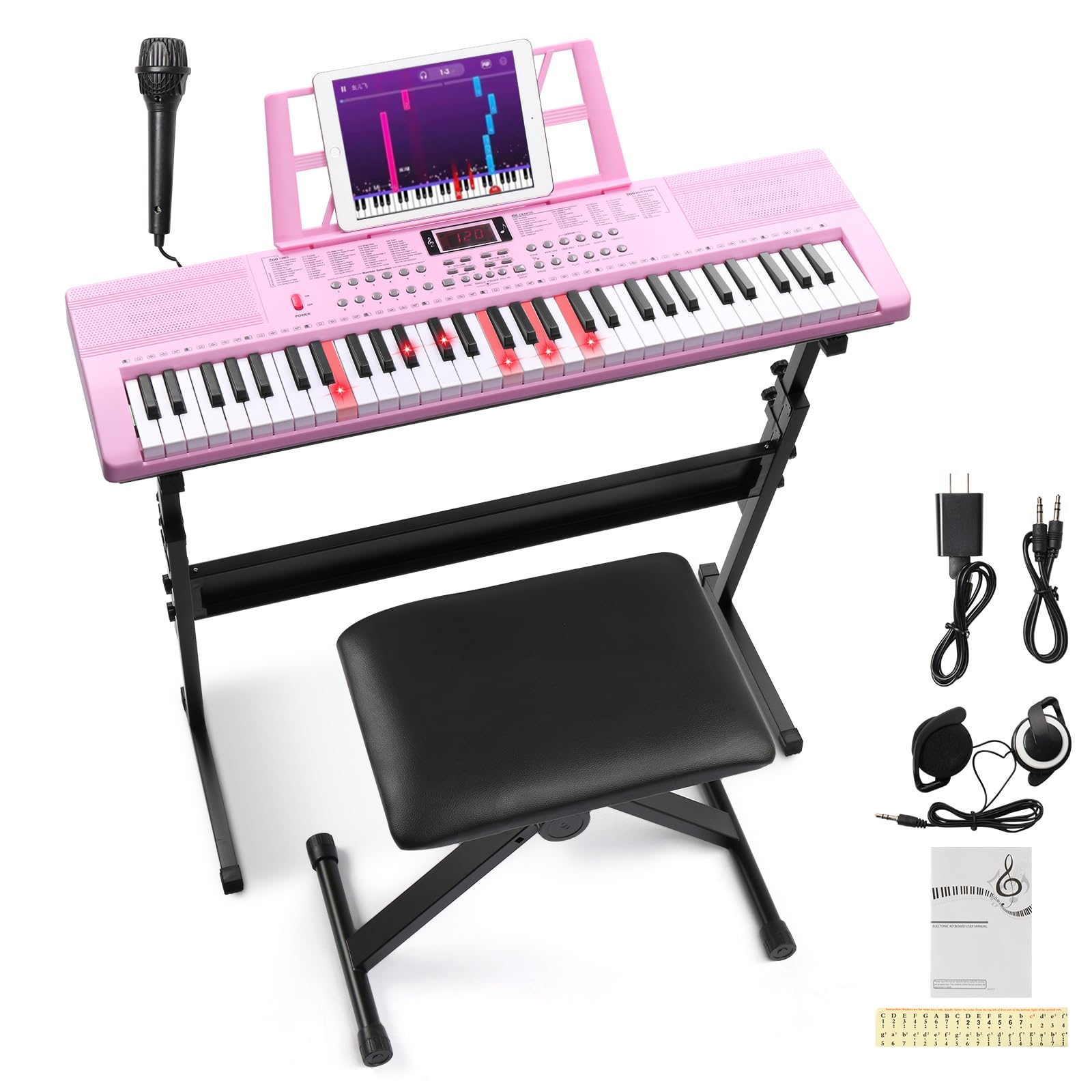 Ktaxon 61-Key Electric Keyboard Piano Set with Headphone, Microphone, Music Stand, Power Adapter, Adjustable Stand & Bench - Light Pink Keys for Beginners & Home Practice | Perfect for Kids, Students & Music Lovers