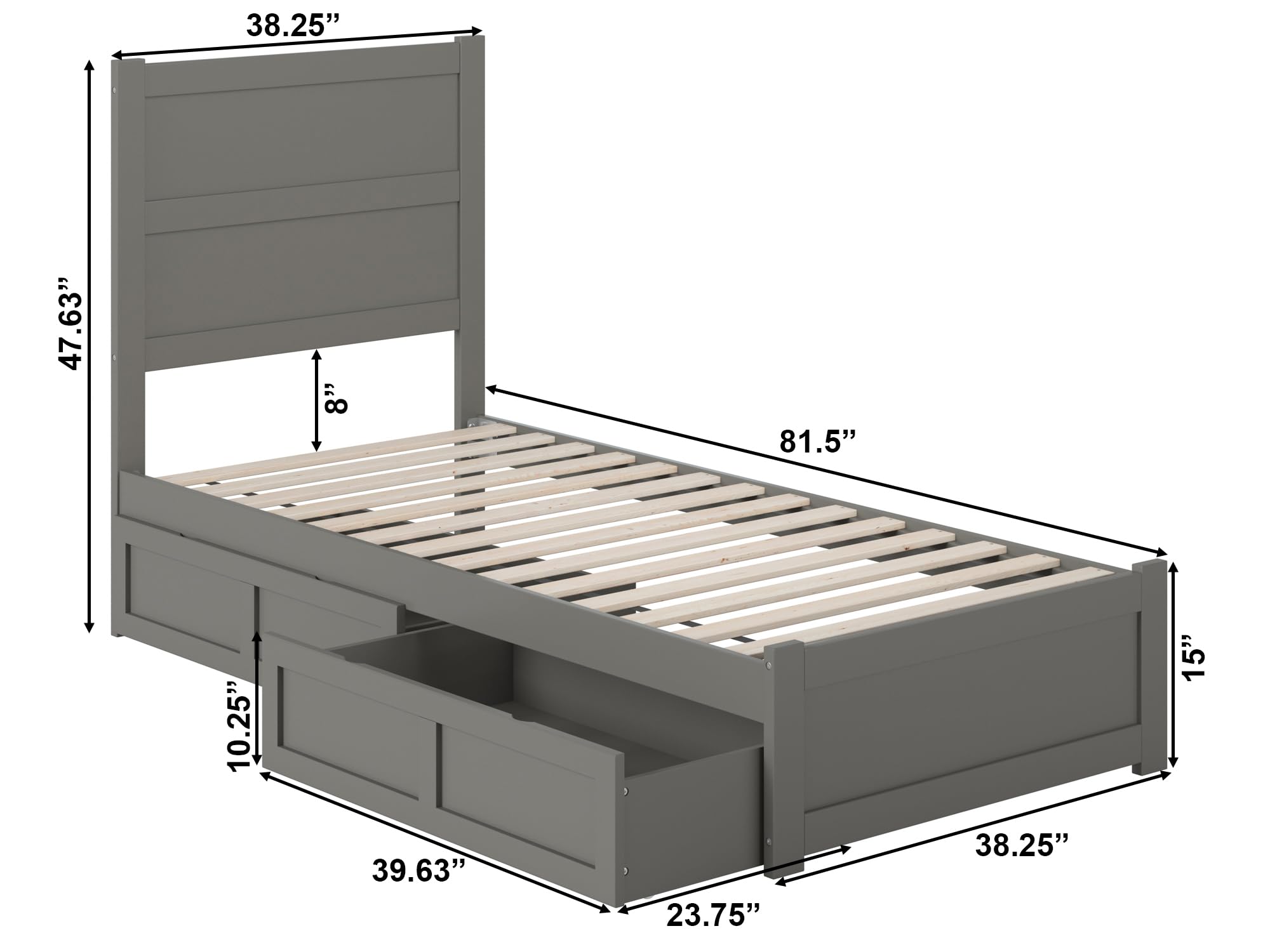 AFI NoHo Twin XL Size Platform Bed with Footboard & Storage Drawers in Grey - Space-Saving Bedroom Furniture for Small Apartments, Dorms & Guest Rooms