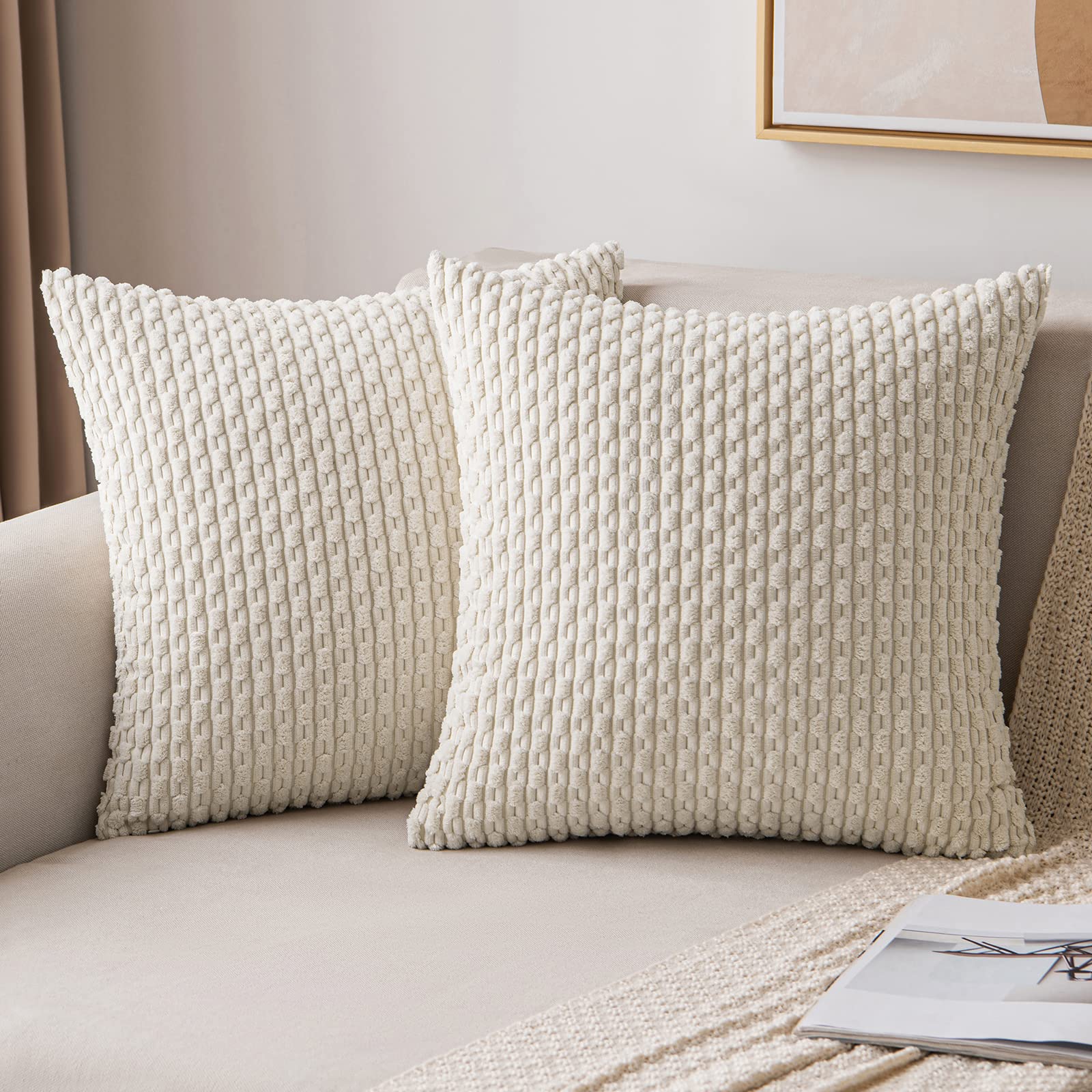 MIULEE Soft Corduroy Boho Striped Throw Pillow Covers Set of 2 - 18x18 Inch Cream White Decorative Pillow Cases for Couch, Sofa, Bed & Living Room - Farmhouse Home Decor Perfect for Spring Refresh & Cozy Comfort
