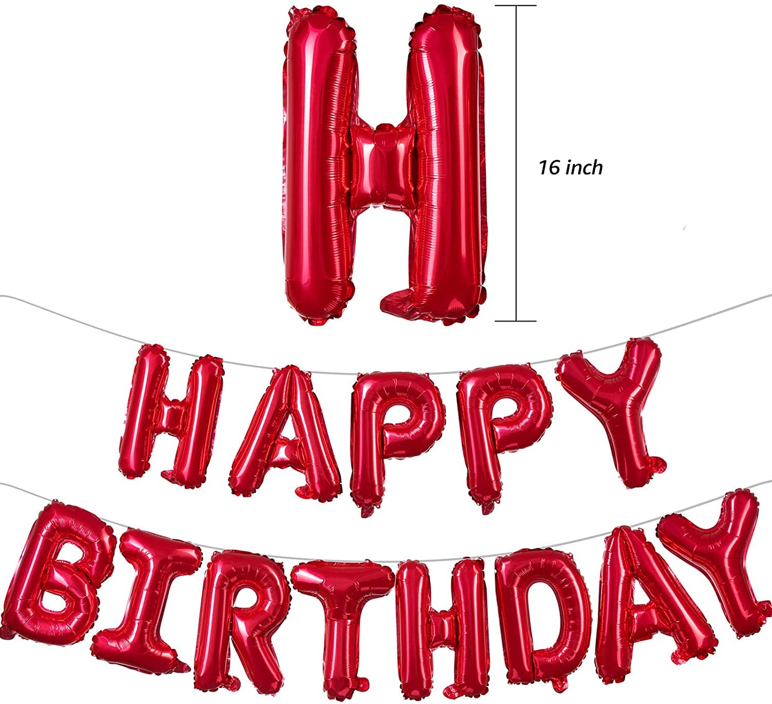 16 Inch Happy Birthday Mylar Foil Letter Balloons Banner - Reusable Eco-Friendly Party Decorations for Birthdays, Anniversaries & Celebrations (Red) | Perfect for Indoor/Outdoor Decor, Photo Backdrops & Party Supplies