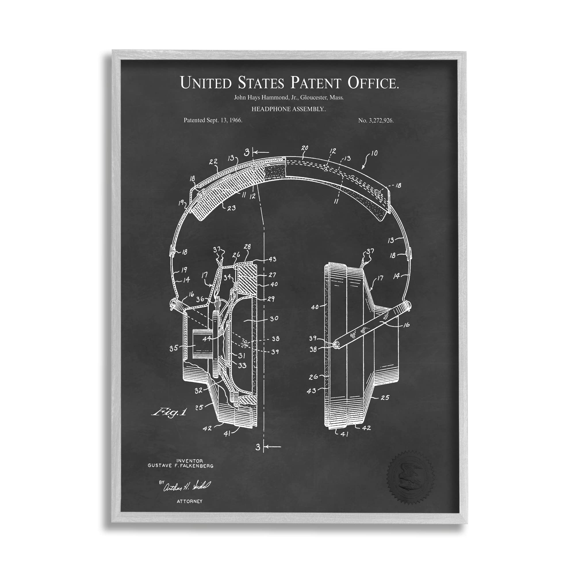 Stupell Industries Detailed Music Headphones Diagram Blueprint Patent Wall Art - Blueprint Design by Karl Hronek - Perfect for Music Studios, Home Decor & Office Spaces