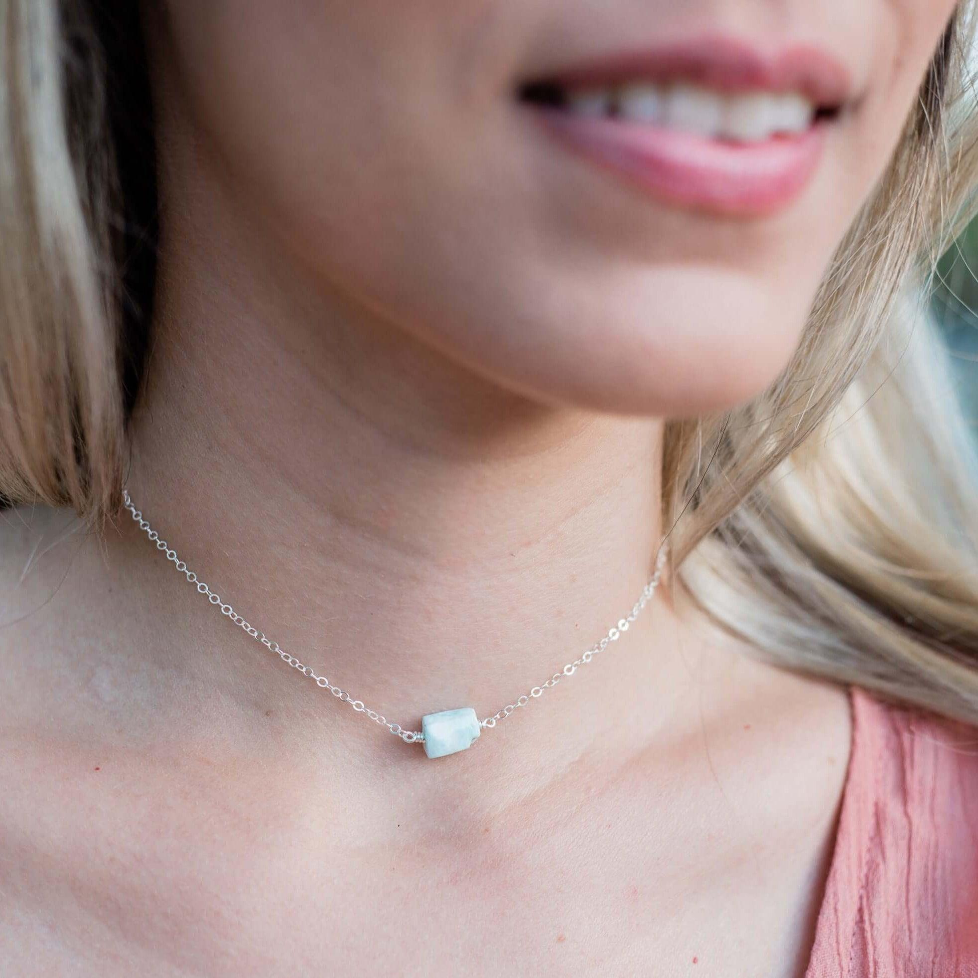 Natural Raw Larimar Crystal Nugget Choker Necklace - Handmade Blue Gemstone Jewelry for Women, Healing Stone Pendant for Spiritual Energy & Stress Relief - Perfect for Boho Fashion, Meditation & Gift Giving
