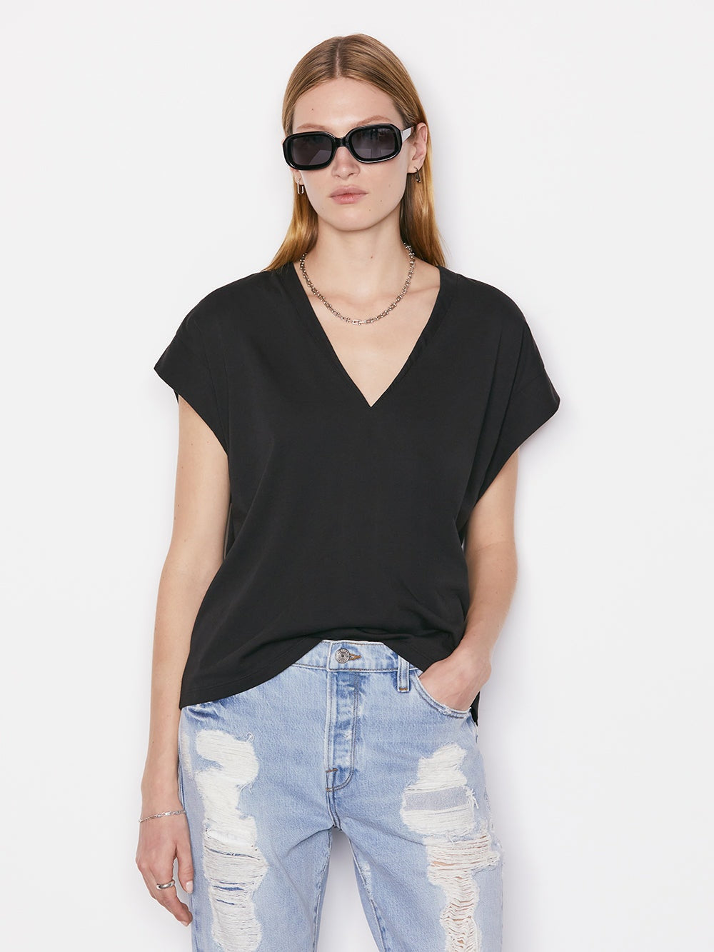 Women's Frame Mid Rise V-Neck T-Shirt - Soft Cotton Casual Tee for Everyday Wear | Perfect for Layering, Workouts & Relaxing