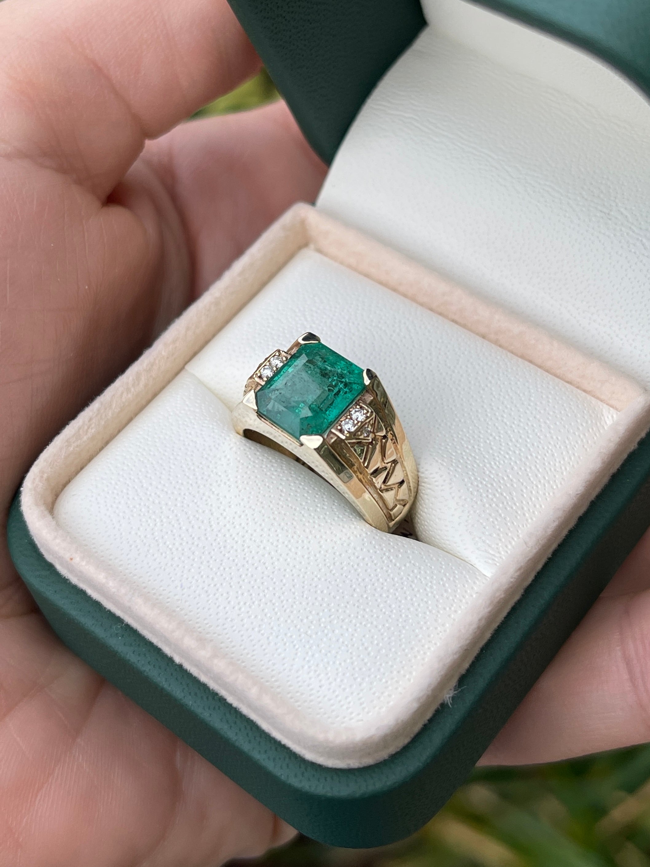 3.31 Carat Total Weight (TCW) 14K Gold Natural Emerald and Diamond Men's Statement Ring for Weddings, Gifts & Special Occasions