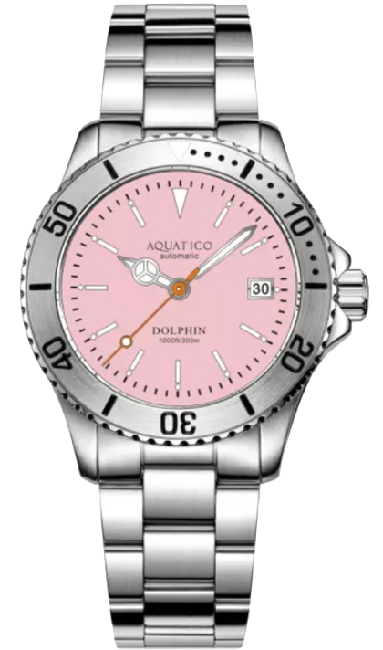 Aquatico Dolphin 39mm Automatic Dive Watch for Women - Pink Stainless Steel Waterproof Watch - Perfect for Scuba Diving, Swimming & Everyday Wear