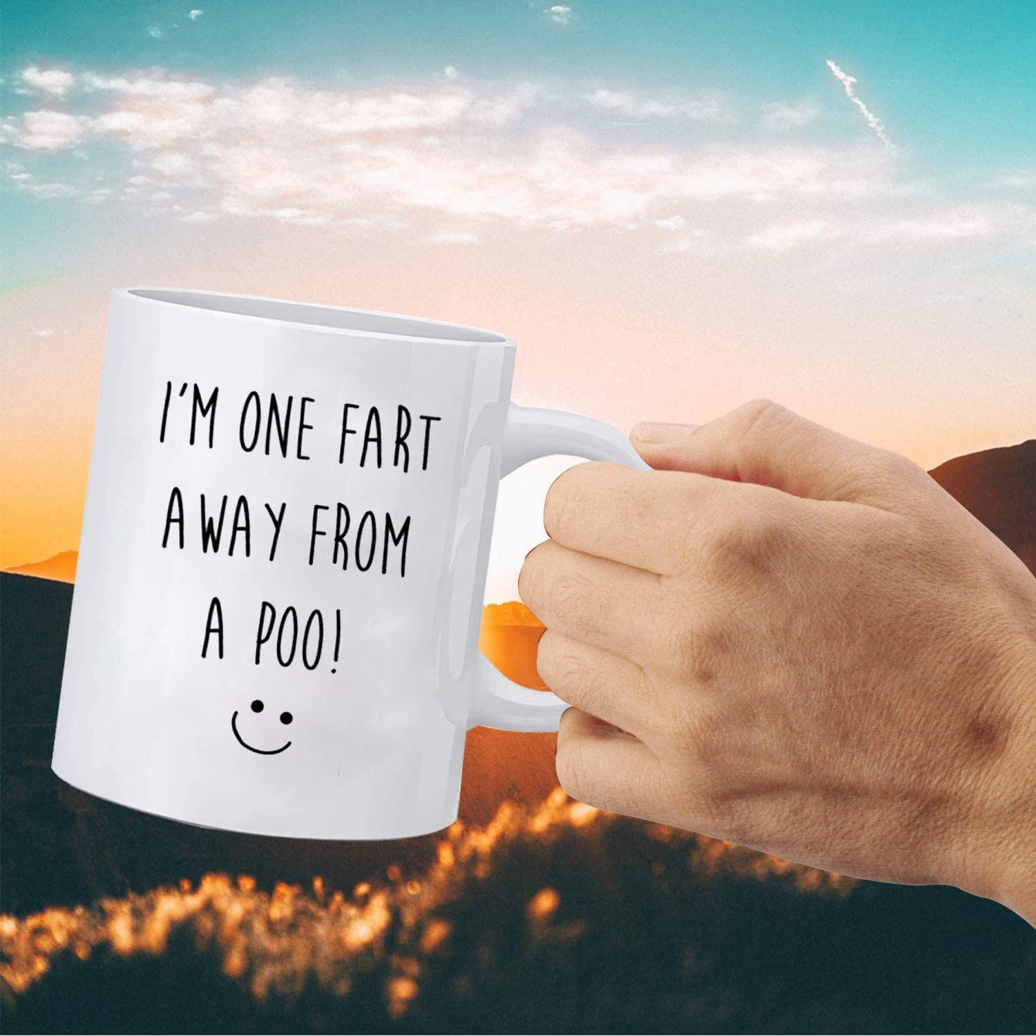 Funny Poop Coffee Mug - 'One Fart Away from a Poo' Novelty Ceramic Cup | Toilet Humor Gift for Boyfriend, Girlfriend, or Retirement | Great Christmas Present for Him or Her | Perfect for Office Pranks, Gag Gifts & Coffee Lovers