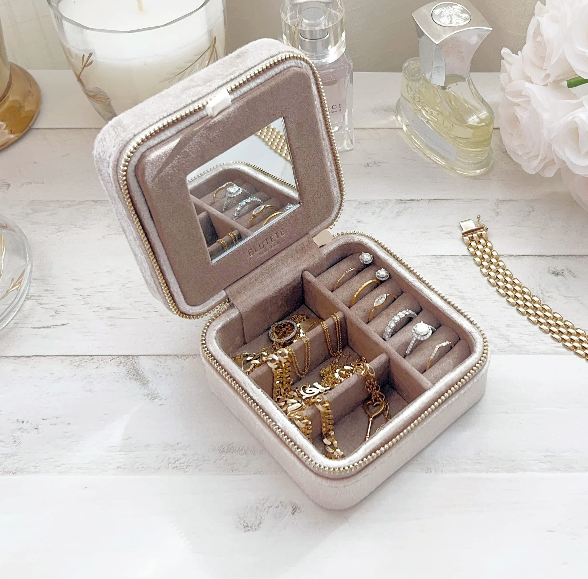 BLUETTE Velvet Travel Jewelry Organizer Box with Mirror - Portable Ring Earrings Necklace Storage Case for Women (Champagne) | Perfect for Vacation, Business Trips & Daily Use
