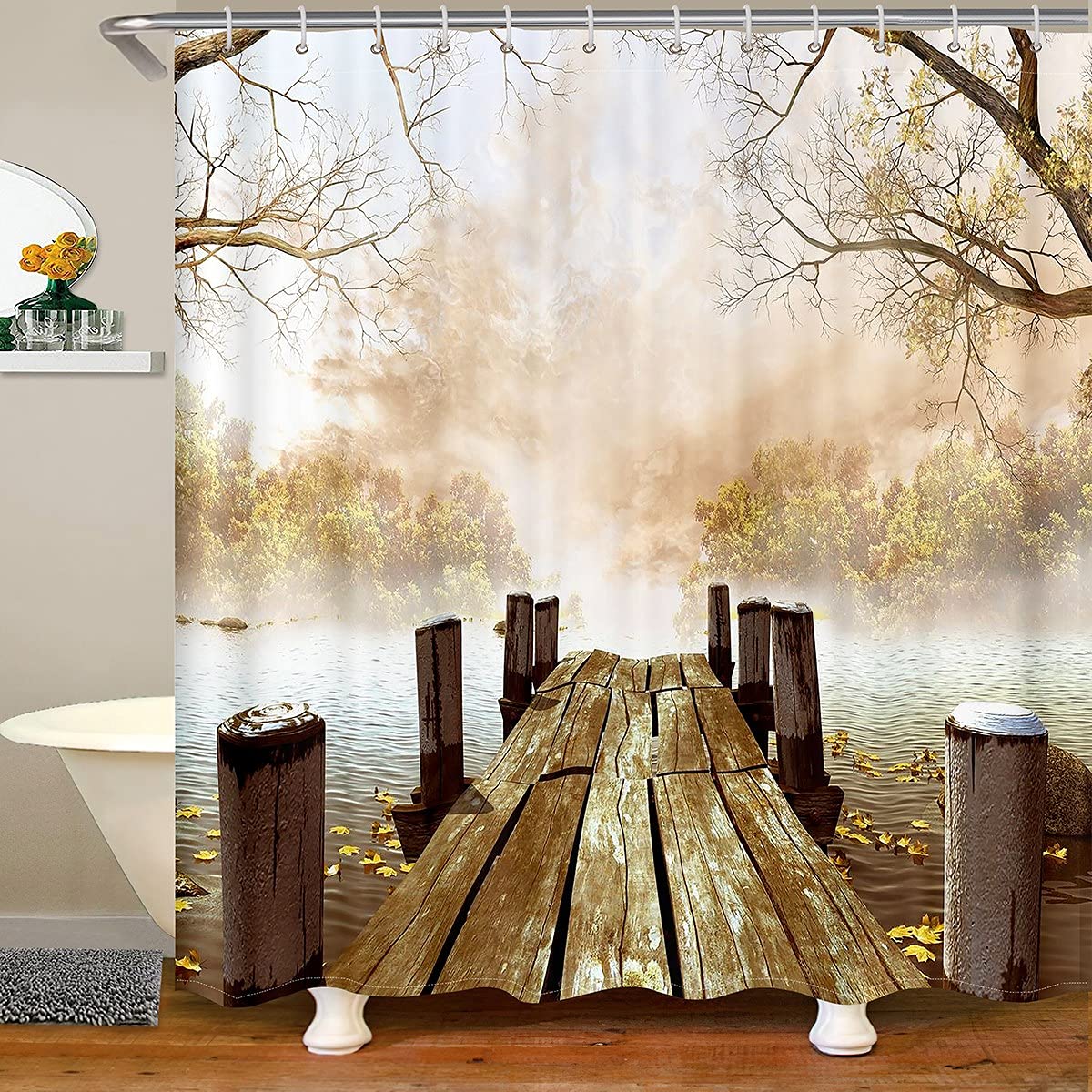 Erosebridal Wooden Dock Bath Curtain - Kids Leaves Tree Branches Shower Curtain for Boys Girls Teens - Autumn Season Water Ripple Bathroom Decor - 72