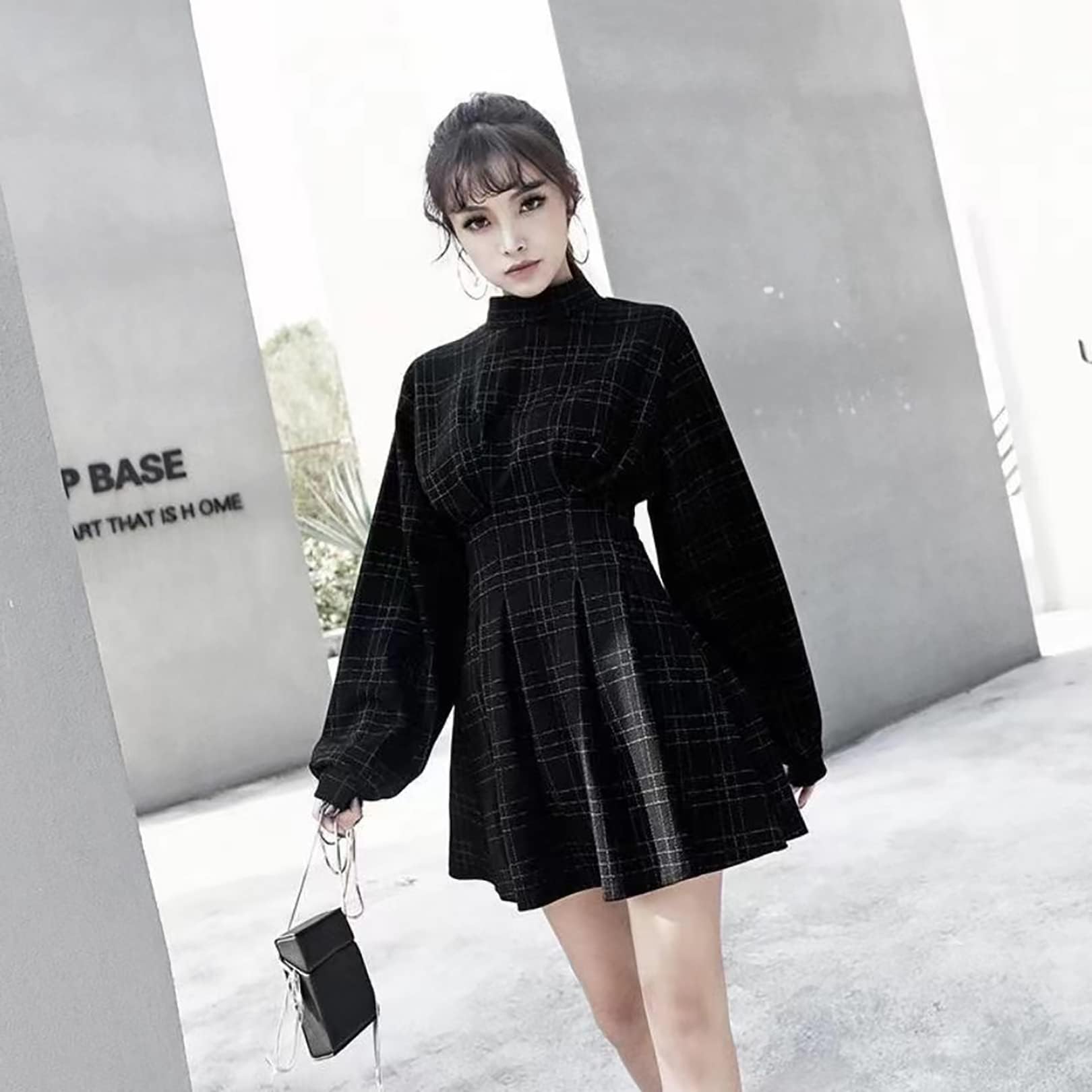 Gothic Plaid Mini Dress - Black Long Sleeve Emo Style Dress for Women | Perfect for Halloween, Concerts & Alternative Fashion