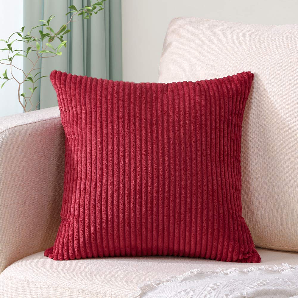 Artscope Cozy Striped Corduroy Pillow Covers 16x16 Inches - Super Soft Decorative Square Throw Pillow Cases for Sofa, Couch, Bed & Car - Burgundy - Perfect for Home Decor, Living Room Accent & Cozy Comfort