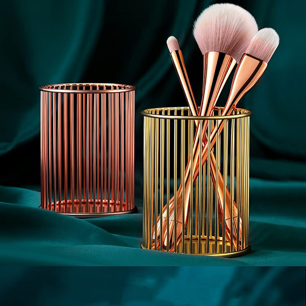 2-Pack Gold Iron Wire Pen Holder & Makeup Brush Organizer - Stylish Mesh Desk Organizer for Office, Home, or Vanity - Perfect for Pens, Styluses, Cosmetics & Art Supplies