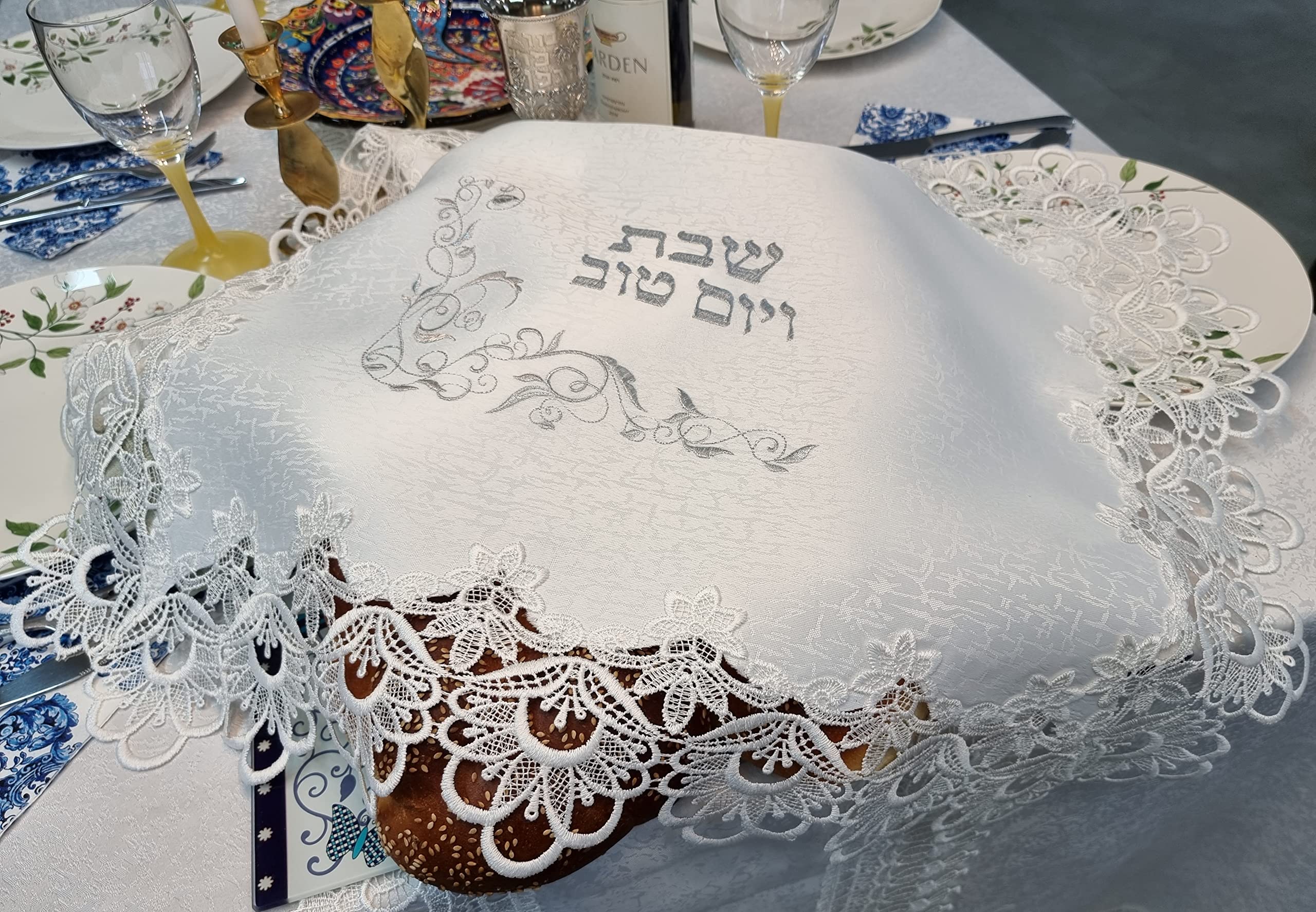 TALISMAN4U White Challah Bread Cover for Shabbat - Silver Floral Embroidered Lace Decoration Judaica Gift (20 x 17 inches) - Perfect for Jewish Holidays, Sabbath Meals & Home Decor