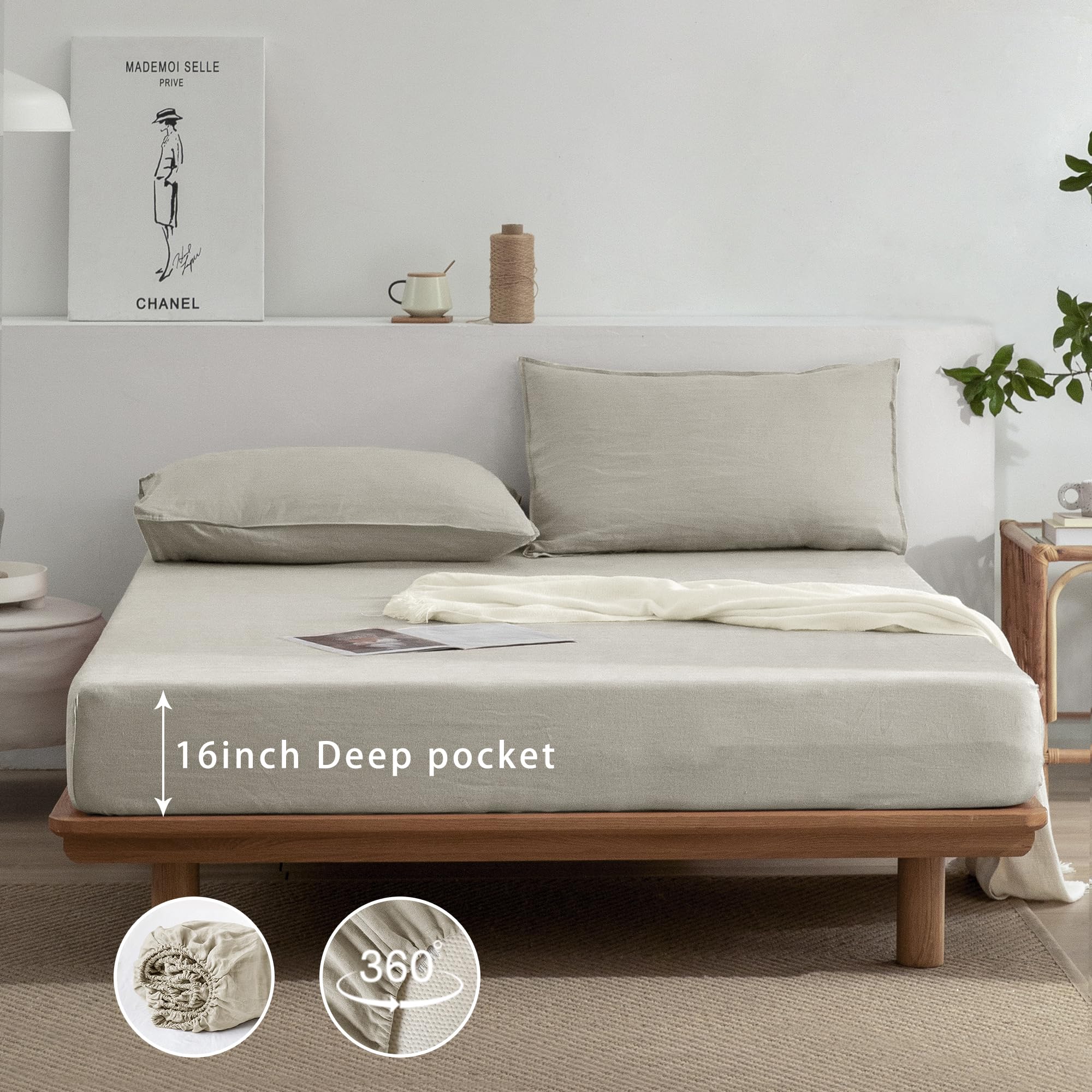 Premium 100% French Stonewash Pure Linen Sheets Set King Size - 4 Piece Natural Undyed Bedding (1 Flat Sheet, 1 Fitted Sheet, 2 Pillowcases) for Hot Sleepers & Deep Pocket Mattresses - Breathable Luxury Bed Sheets for Summer & All-Season Comfort