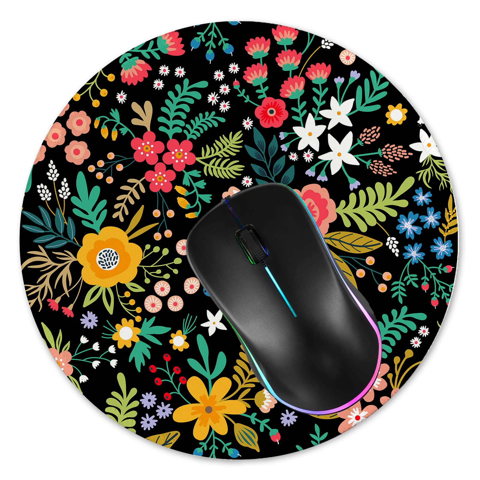 Premium Round Gaming Mouse Pad - Non-Slip Rubber Base with Stitched Edge (7.9x7.9 Inch) for PC, Laptop & Office - Spring Floral Design - Perfect for Gamers & Professionals