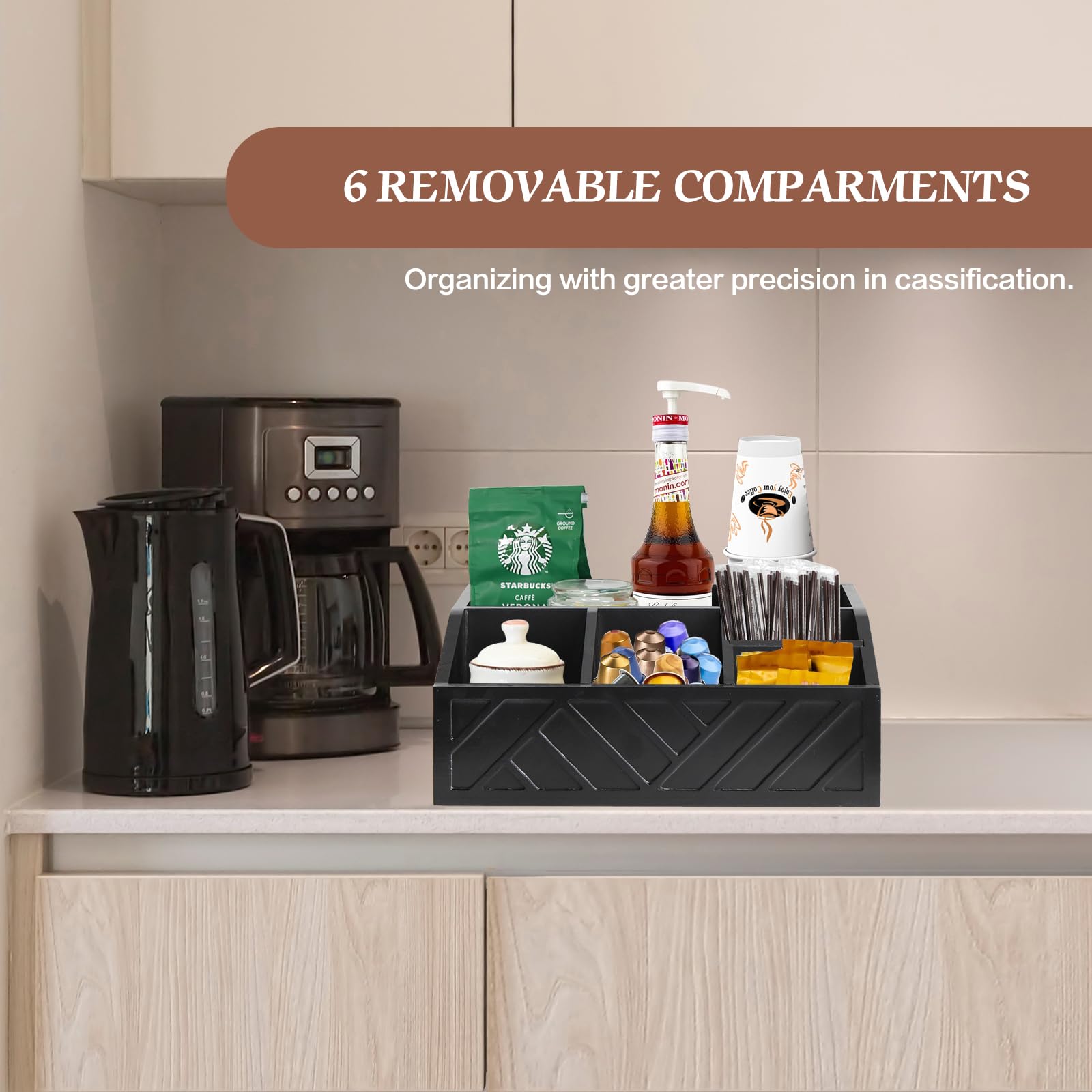 Wooden Coffee Pod Holder & Organizer Set - Coffee Bar Accessories for Keurig K-Cups & Syrups - Black - Perfect for Home Kitchen, Office Breakroom & Coffee Station Decor
