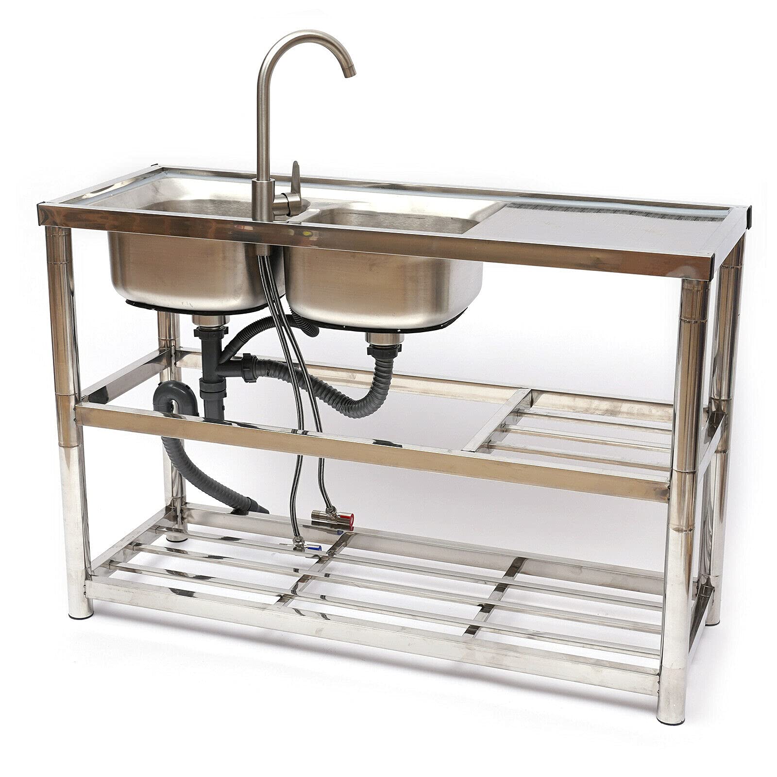 DNYSYSJ 304 Stainless Steel 2-Bowl Commercial Kitchen Sink with Dual Drainers & Shelves, Freestanding Utility Sink for Restaurants, Food Prep, and Heavy-Duty Use