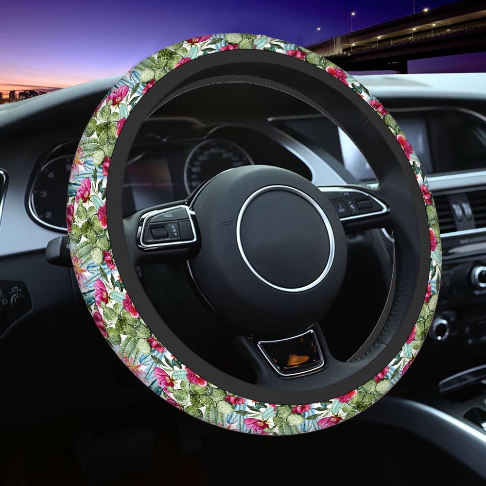 Swono Tropical Flowers Roses and Cactus Steering Wheel Cover - 15 Inch Universal Fit Anti-Slip Fabric Protector for Cars, SUVs, Sedans | Perfect for Summer Road Trips and Beach Getaways