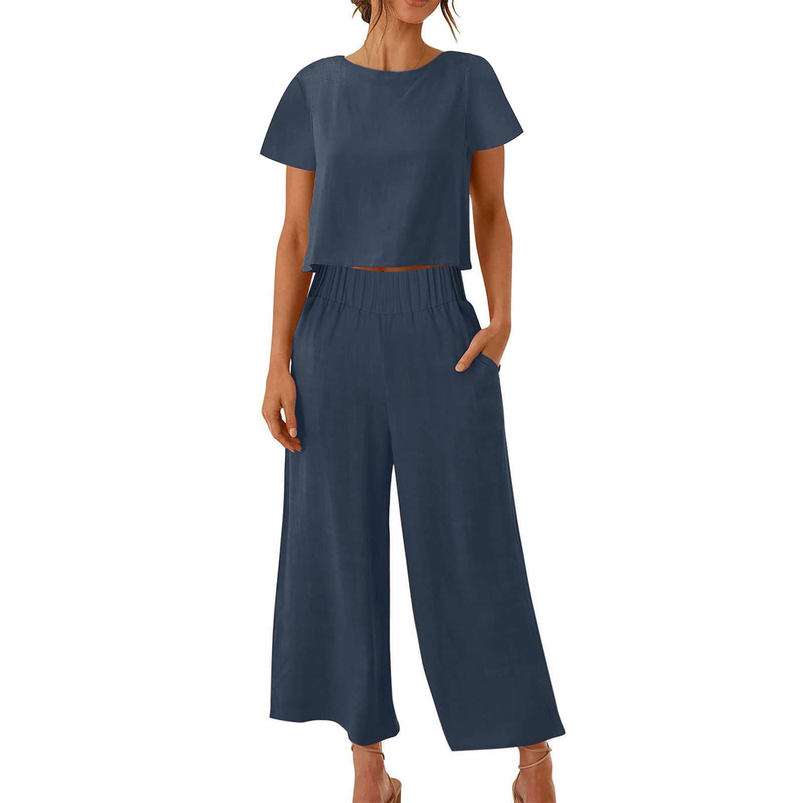 2023 Women's Summer 2-Piece Lounge Set - Short Sleeve Crop Top & Wide Leg Pants with Pockets | Casual Outfit for Home, Vacation & Streetwear