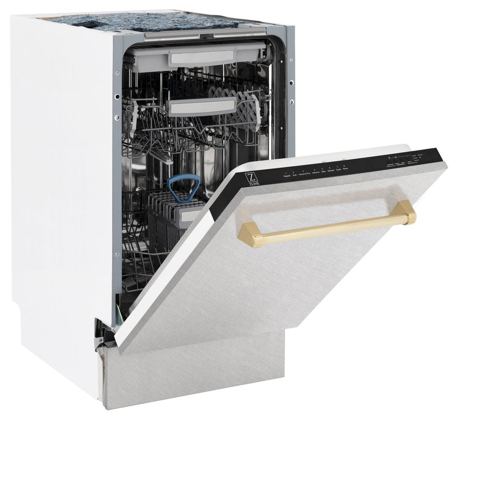 ZLINE Autograph Edition 18-inch Built-In Dishwasher with 3rd Rack - Satin Stainless Steel Panel & Polished Gold Handle - 51dBa Quiet Operation - Perfect for Modern Kitchens and Open-Concept Homes (DWVZ SN 18 G)