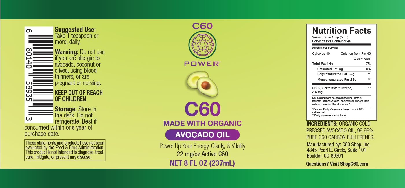 Organic Avocado Oil with 99.99% Pure C60 Fullerenes - 8 Fl Oz | Antioxidant Support, Mitochondrial Health | Cooking, Skincare & Wellness Supplement