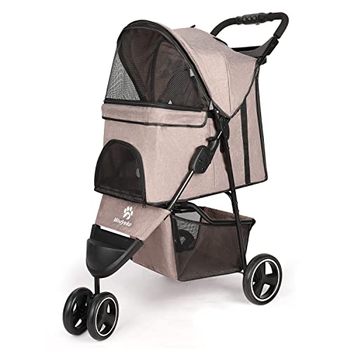 Wedyvko 3-Wheel Foldable Pet Stroller for Small & Medium Dogs & Cats - Lightweight Dog & Cat Carrier with Storage Basket & Cup Holder - Perfect for Walks, Travel & Vet Visits