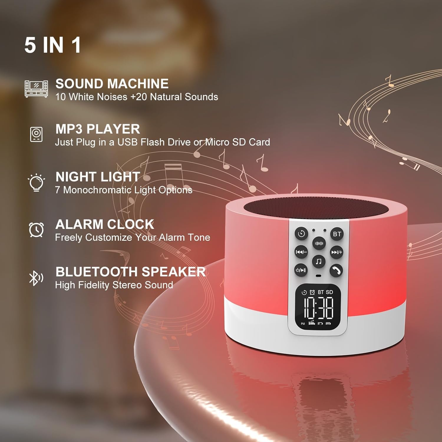 Wireless Night Light Bluetooth Speaker & White Noise Machine for Baby, Adults, Kids - Sleep Aid Sound Machine with 30 Soothing Sounds, Adjustable Volume, Touch Control Bedside Lamp - Perfect for Nursery, Bedroom, Office & Gifts for Teenage Girls & Boys
