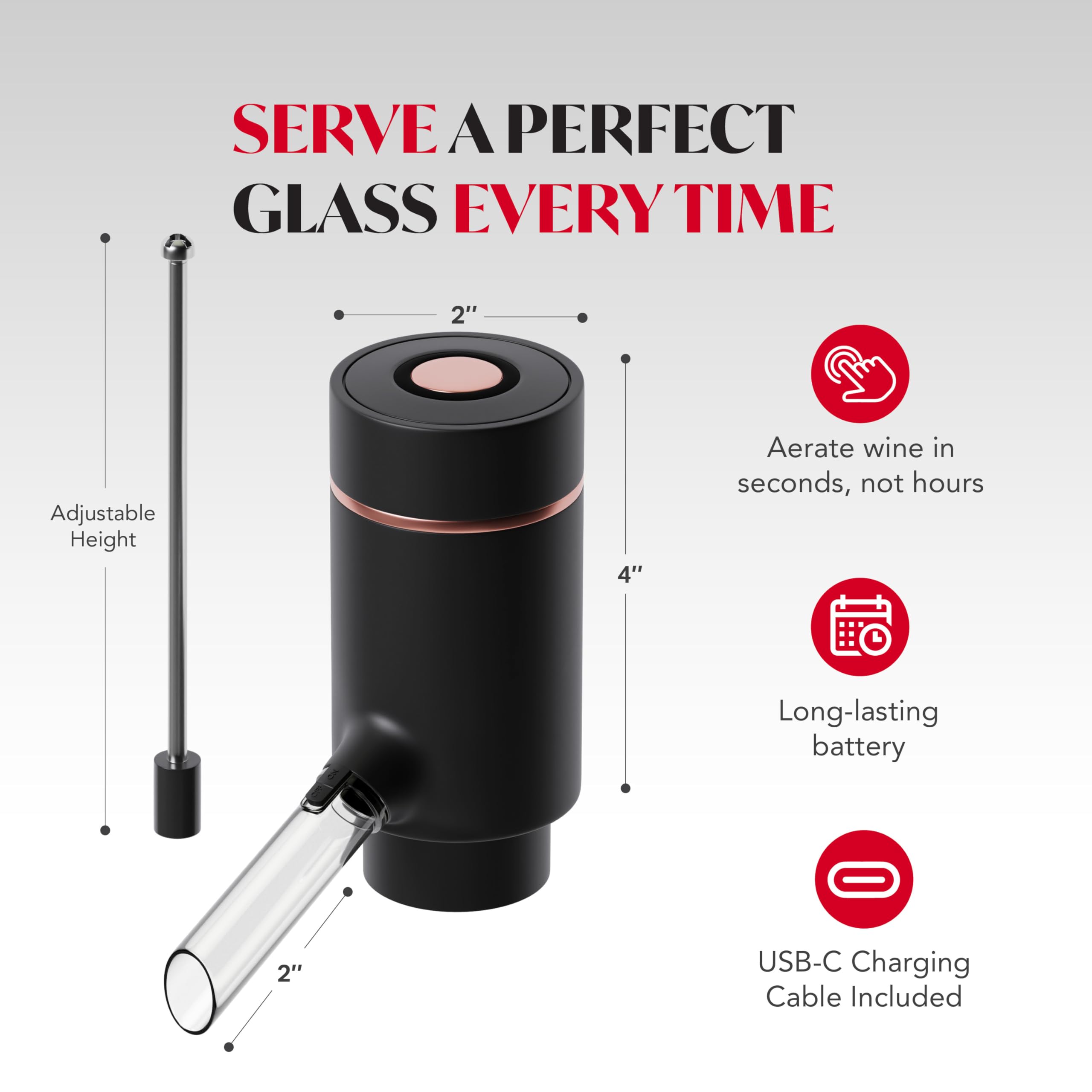 Electric Wine Dispenser & Aerator - One Touch Automatic Wine Pourer for Red/White Wine - Universal Fit for Most Bottles (Black & Rose Gold) - Perfect for Home Bars, Dinner Parties & Wine Tasting Events