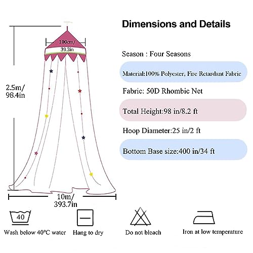 Princess Bed Canopy with Lights - Pink Mosquito Net for Girls & Adults, Round Dome Bed Netting for Romantic Bedroom Decor & Sleep Protection