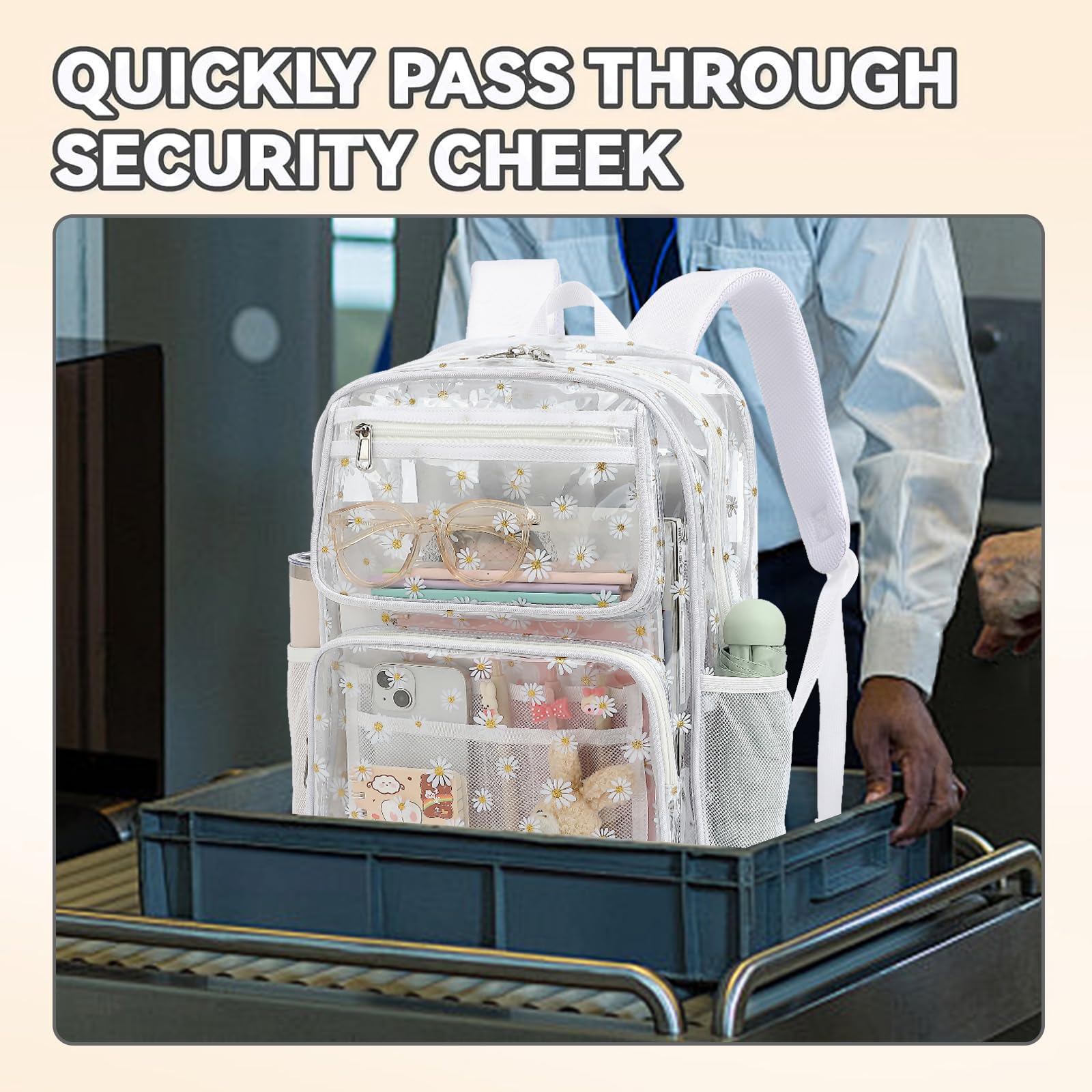 **Durable Clear Backpack for Women & Girls - Heavy Duty Transparent School Backpack, See-Through Bookbag (White) - Perfect for School, Travel & Stadium Events**