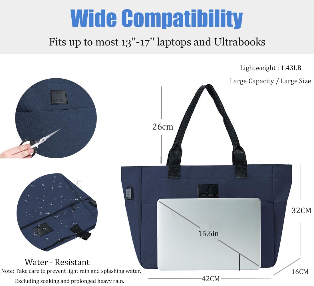 Stylish Large Tote Bag for Women - 15.6-17 Inch Laptop Work Bag with Secure Zipper | Perfect for Nurses, Teachers & Students | Durable Book Bag & Professional Handbag for Office, School & Daily Commute (Blue)