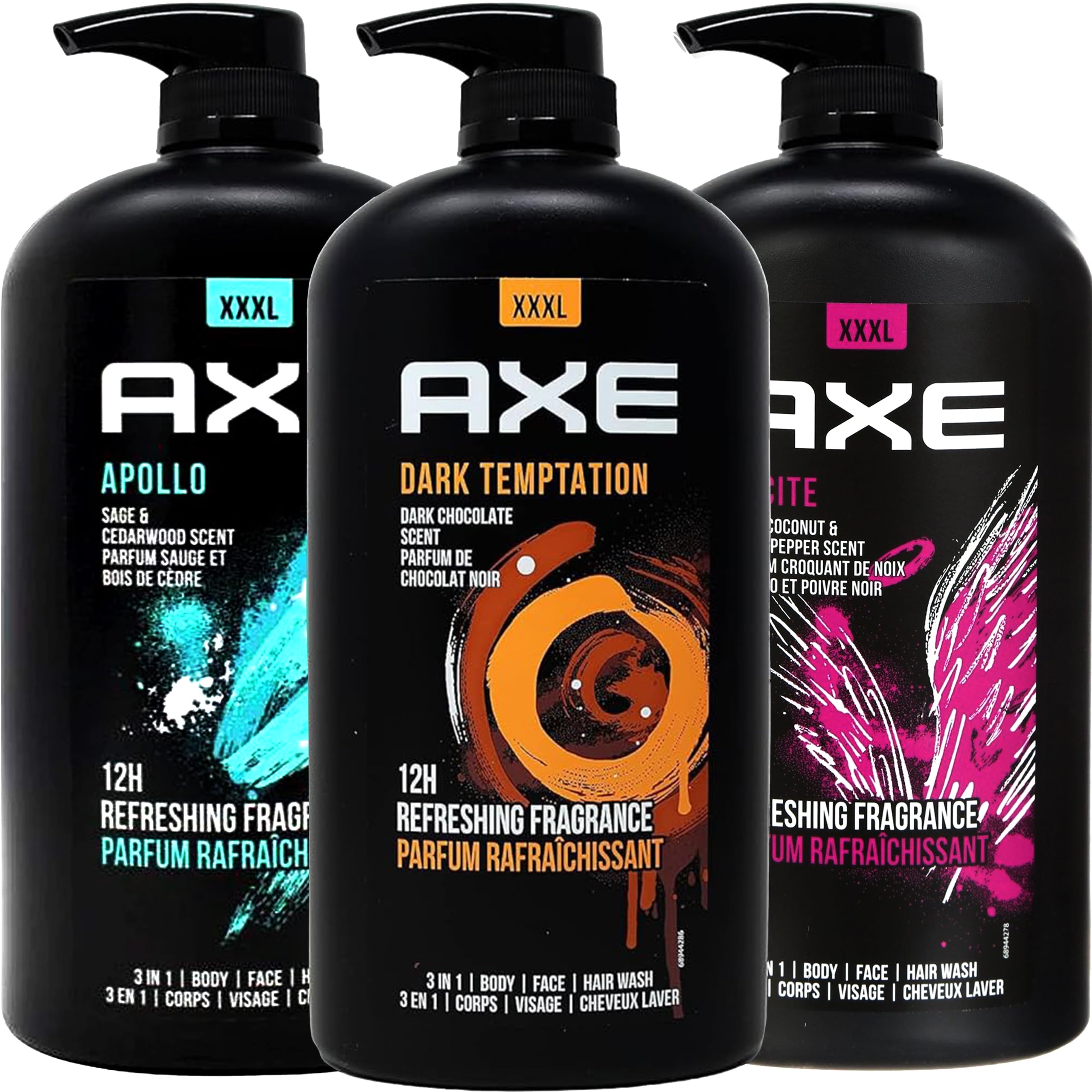 Axe Men's Body Wash Variety Set - 3 Scents (Dark Temptation, Apollo, Excite) | 3-in-1 Shower Gel for Body & Face | 33.8oz Pump Bottles Each | Refreshing Daily Shower for Men | Gym, Workout & Post-Sport Cleansing