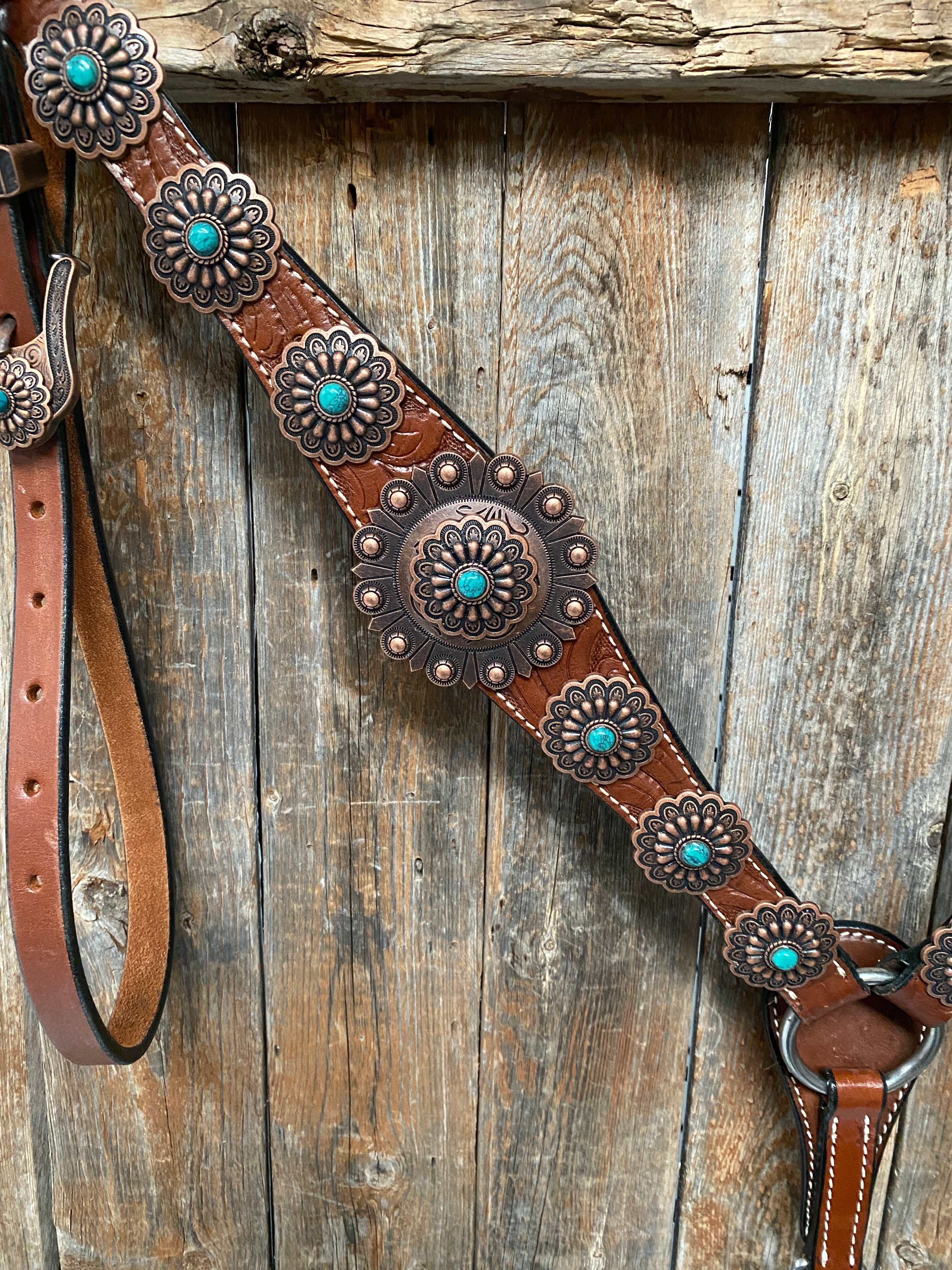 Medium Oil Copper Turquoise Browband Tack Set for Horses - Western Style Equestrian Bridle Accessories #BBBC468 | Perfect for Show, Trail Riding, and Ranch Work