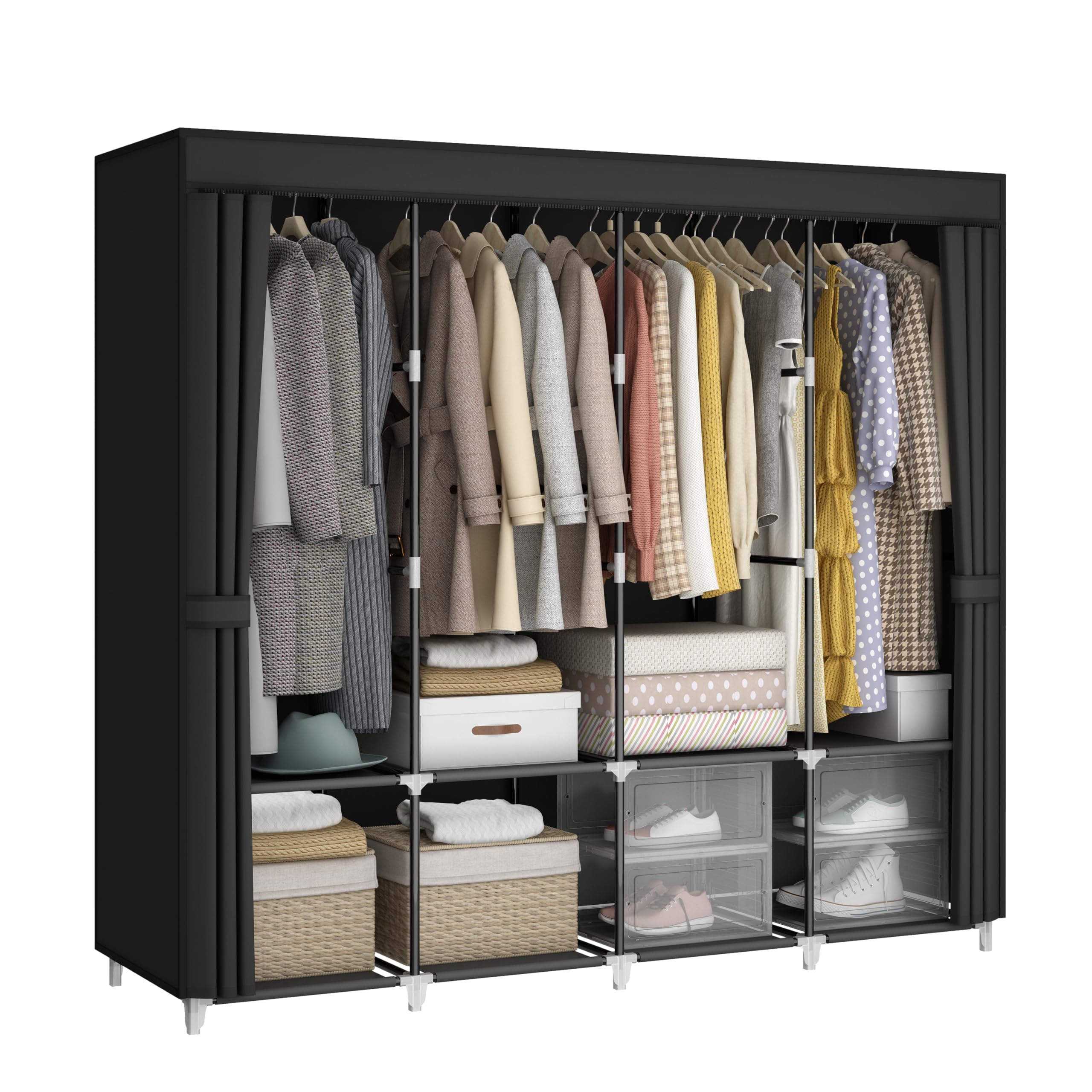 67-Inch Portable Closet Wardrobe with 4 Hanging Rods & 8 Shelves - Large Capacity Non-Woven Fabric Storage Organizer for Bedroom, Living Room & Closet - Perfect for Seasonal Clothes Storage & Small Space Organization (Black)