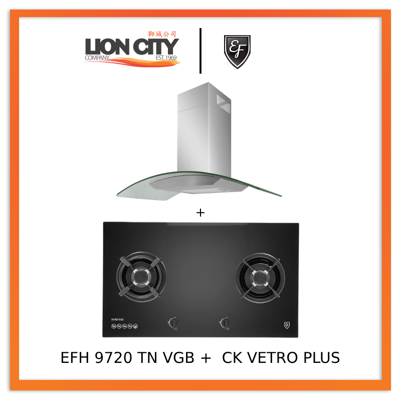 EF 90 CM Chimney Cooker Hood CK Vetro Plus with EFH 9720 TN VGB Glass Hob - Modern Kitchen Ventilation & Stove Combo for Home Cooking & Professional Chefs