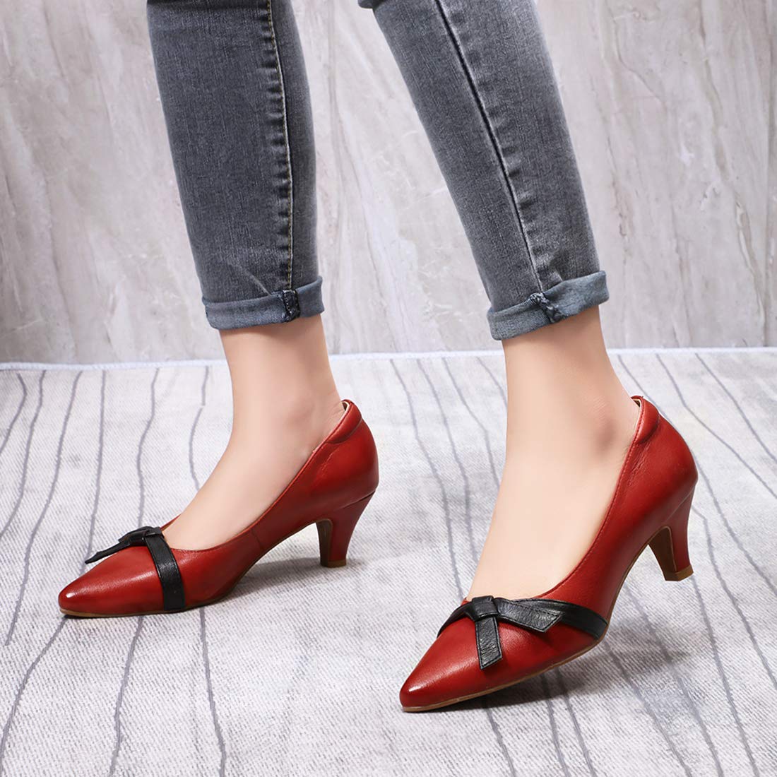 Elegant Women's Leather Pointed Toe Bowknot Pumps - Kitten Heel Dress Shoes for Office, Work & Casual Wear | Comfortable Ladies Dressy Shoes for Professional & Social Occasions