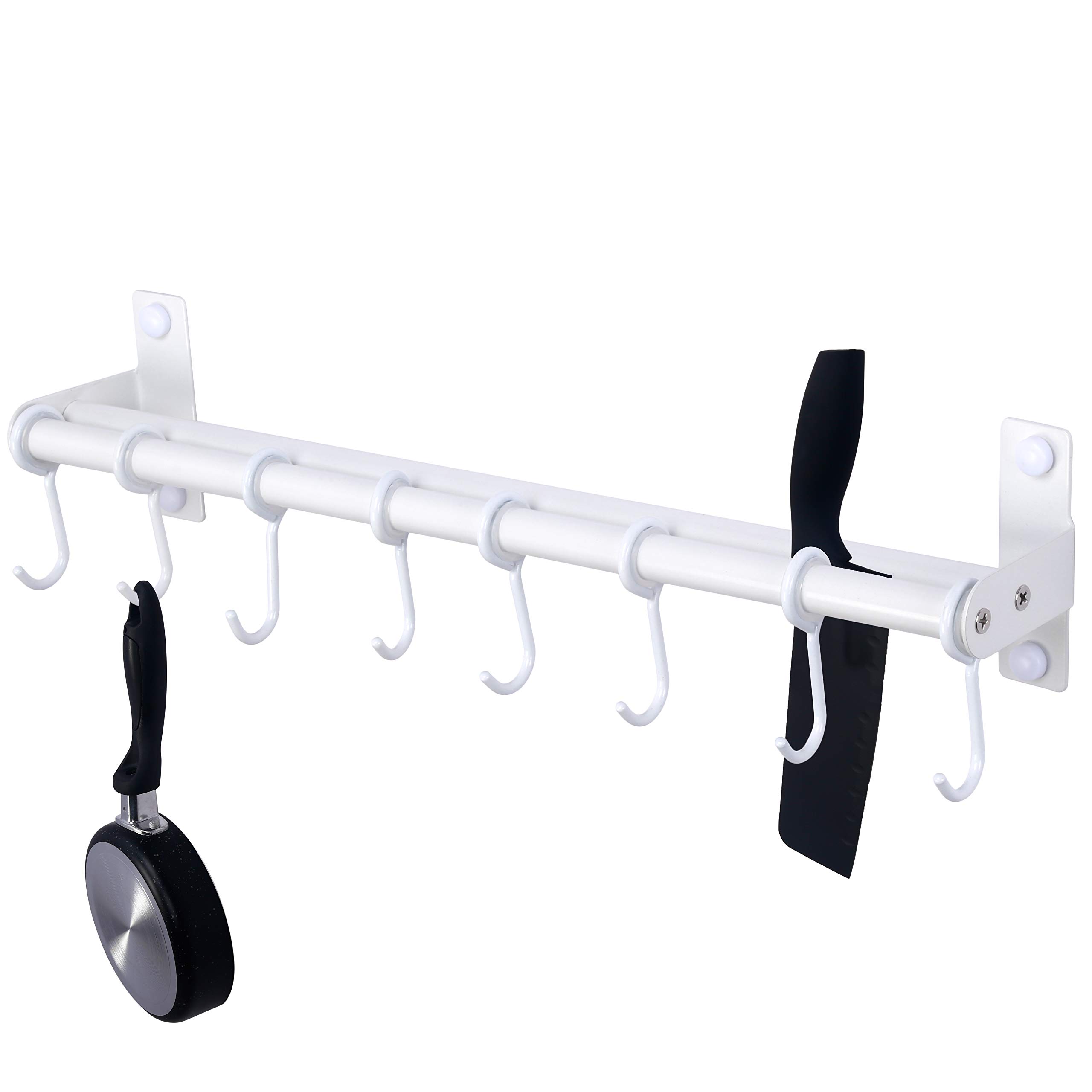 Dseap Wall Mounted Pot and Pan Hanging Rack - Double Bar Kitchen Organizer with 8 Hooks, White - Perfect for Small Kitchens, RVs, and Apartments to Save Space