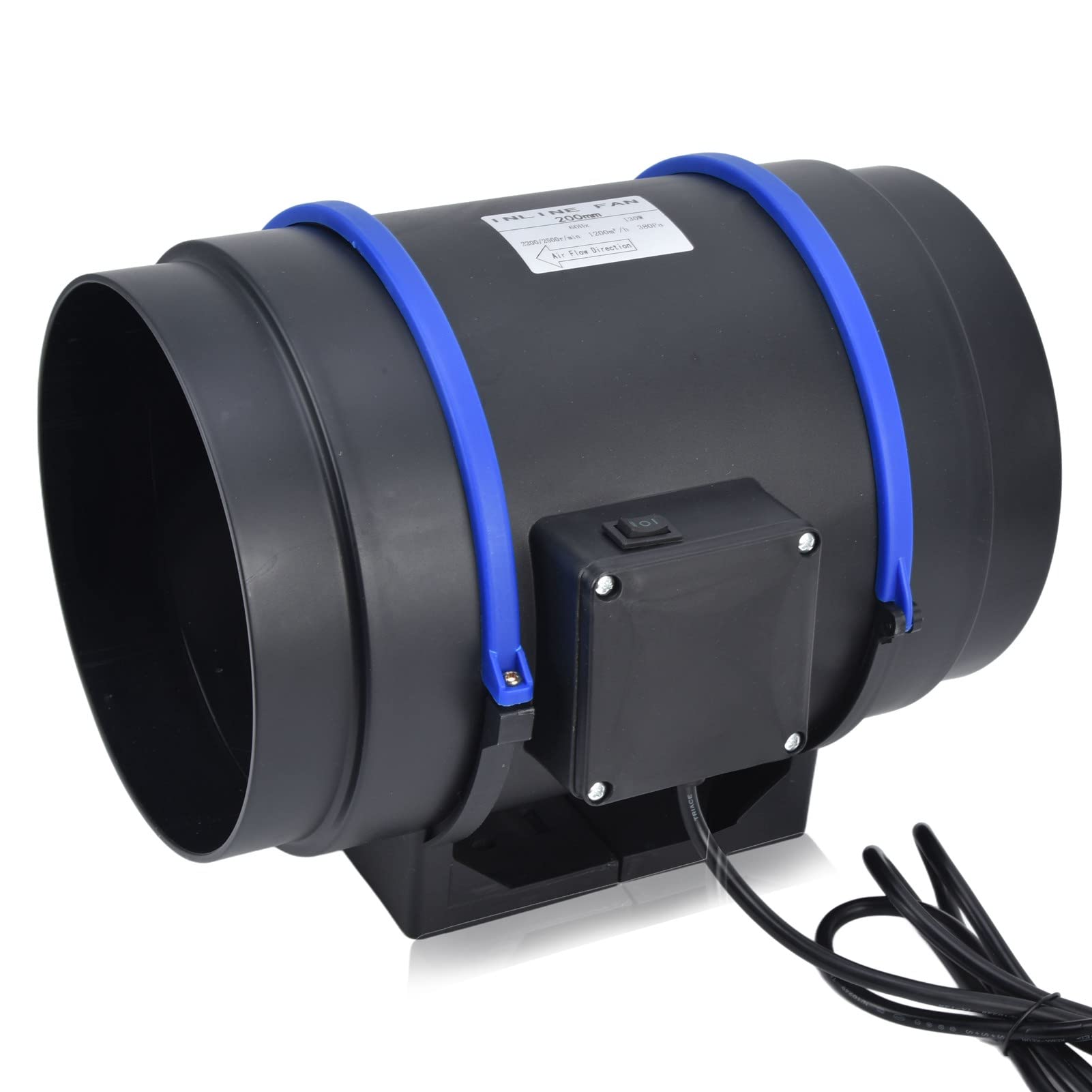 8 Inch Inline Duct Fan - Energy Saving Ventilation Exhaust Blower, 130W Strong Airflow with Low Noise, Black - Perfect for Grow Tents, Greenhouses, Hydroponics & Indoor Ventilation Systems