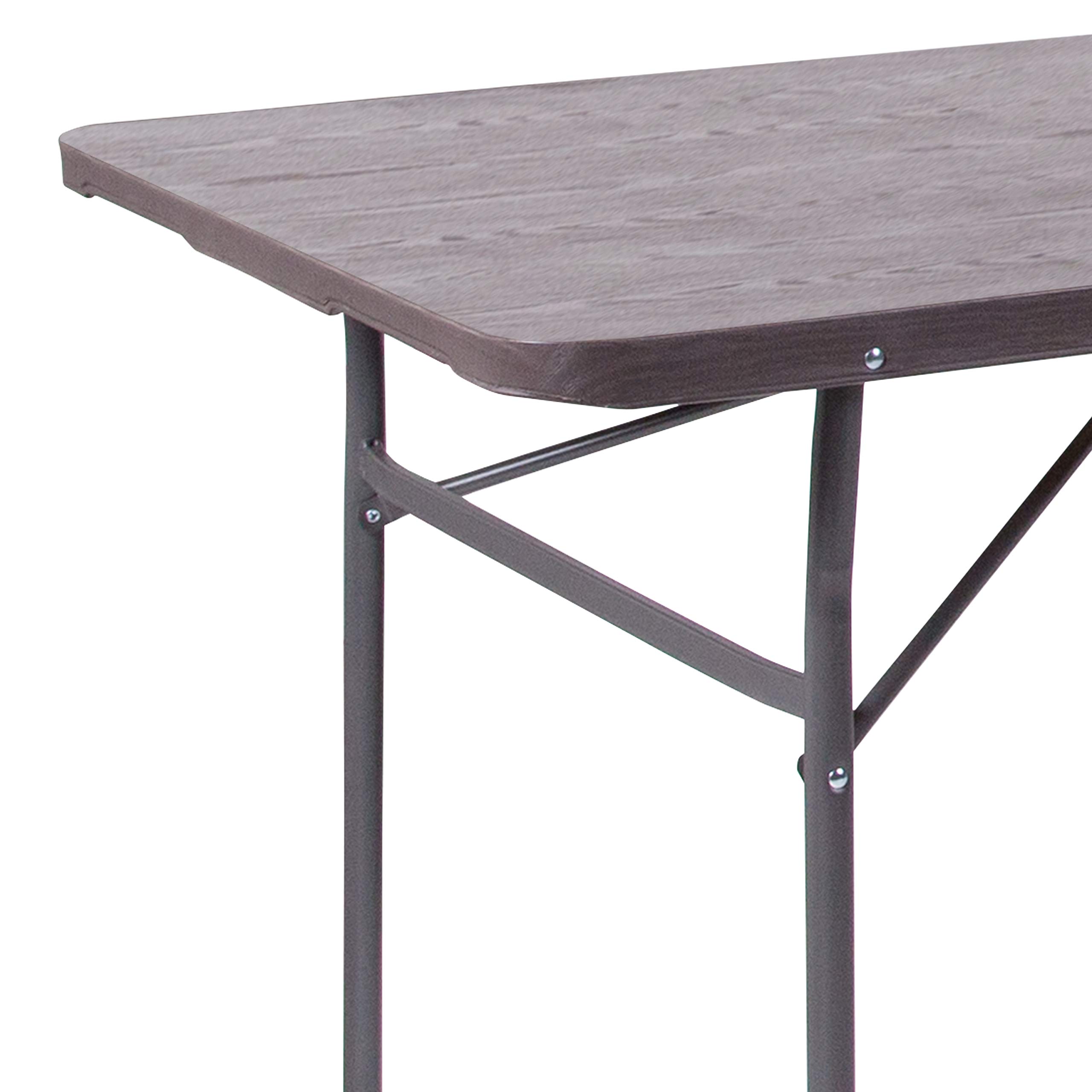 6-Foot Bi-Fold Brown Wood Grain Plastic Folding Table with Carrying Handle - Portable & Sturdy for Parties, Camping, Events & Home Use