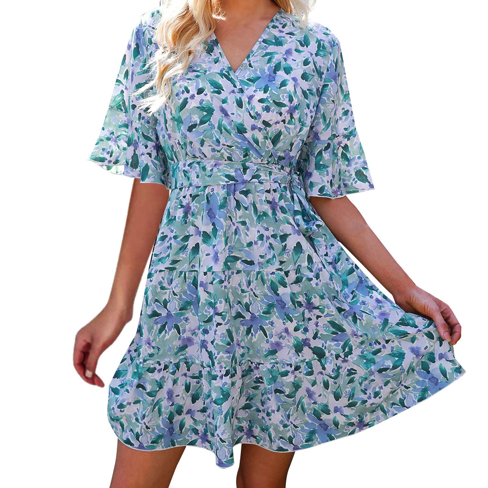 Twoker Floral Print Women's Bell Sleeve Summer Dress with Ruffle Trim & Elastic Waist - A-Line Mini Swing Boho Sundress for Beach, Vacation, and Casual Outings
