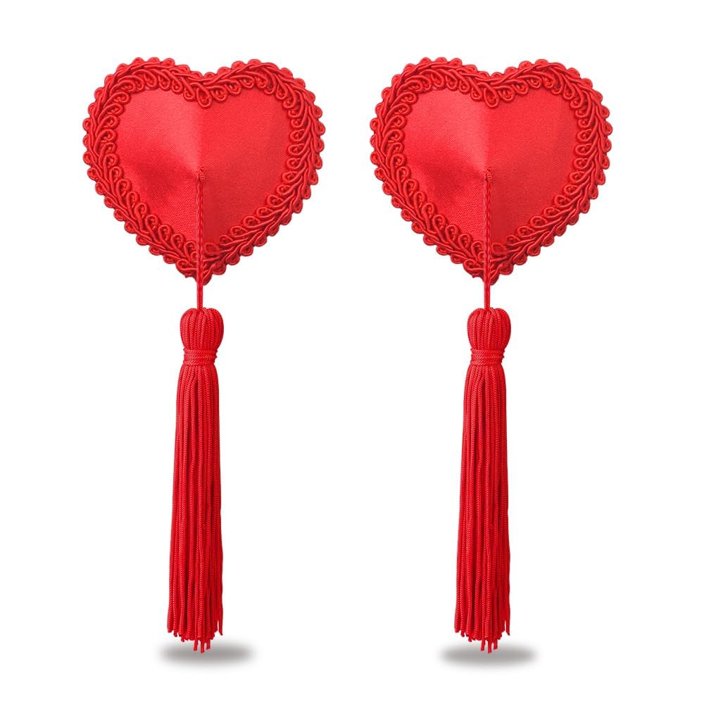 Honeypleasures Reusable Red Heart Tassel Nipple Pasties for Women - Adhesive Bra Covers for Burlesque, Bachelorette Parties & Festival Outfits