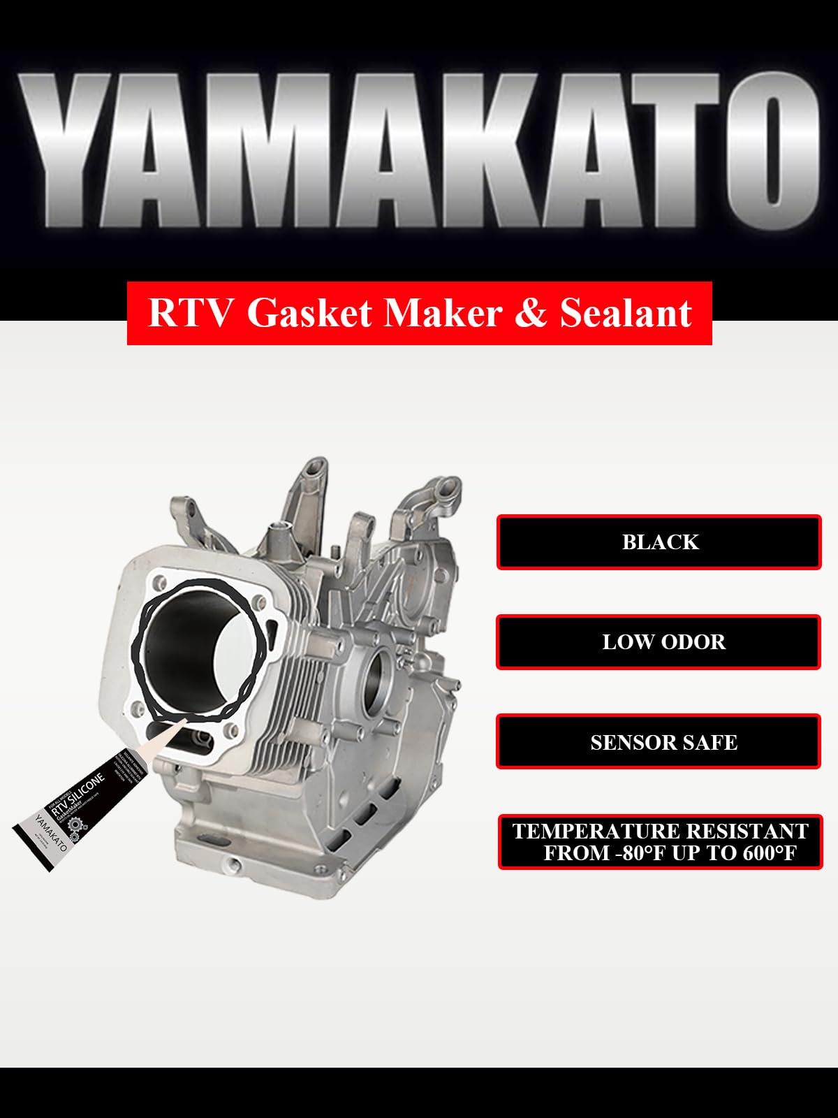 YAMAKATO RTV Gasket Maker - High Temperature Black Silicone Sealant with 2 Thick Gasket Material Papers (160x290mm) for Automotive, Marine & Industrial Engine Repairs