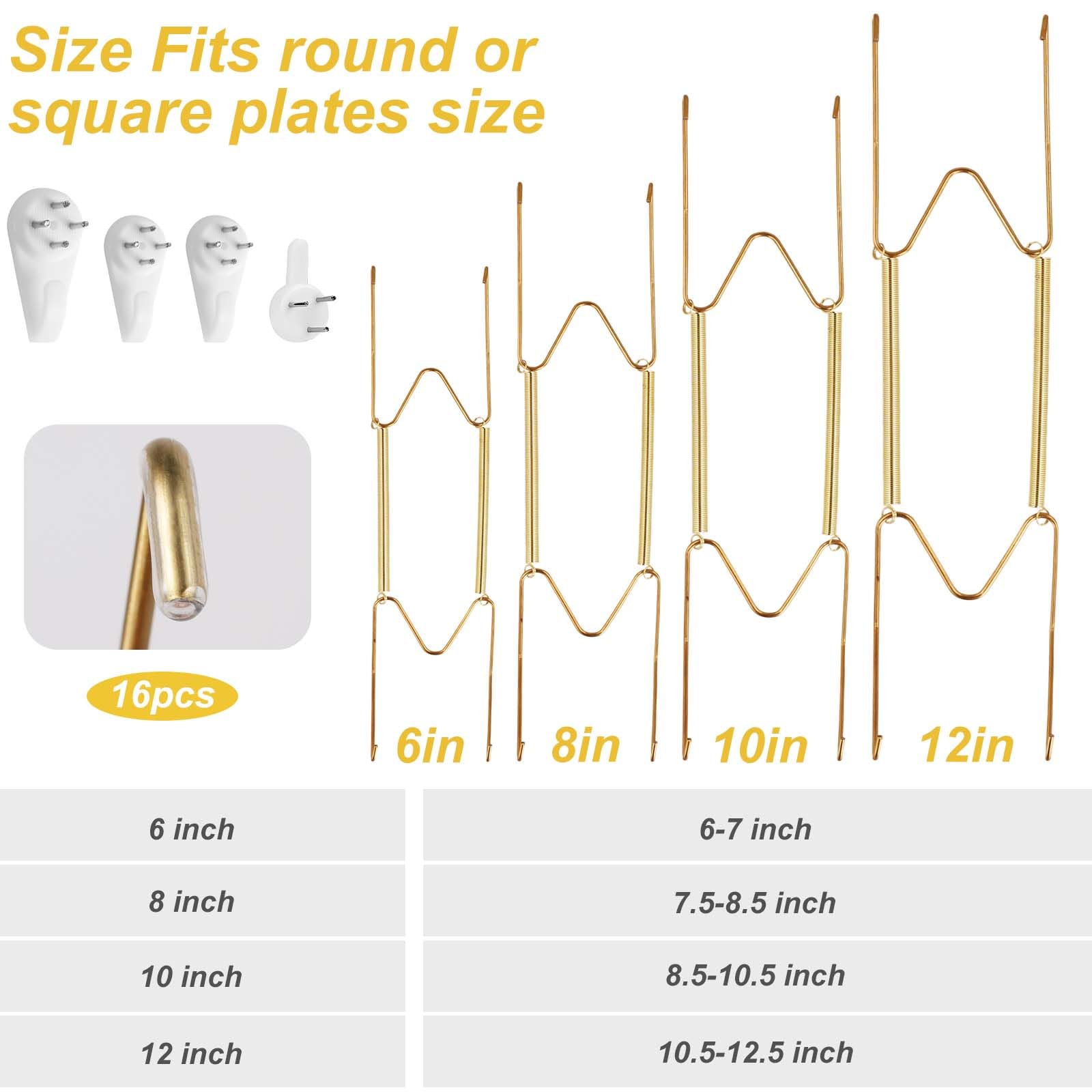 4 Pack Gold W-Shaped Plate Hangers for Wall - 6/8/10/12 Inch Stainless Steel Plate Holder Hooks - Vertical Display Mount for Decorative Plates, Antique Arts & Collectibles - Perfect for Dining Room, Kitchen Decor & Wall Gallery Display