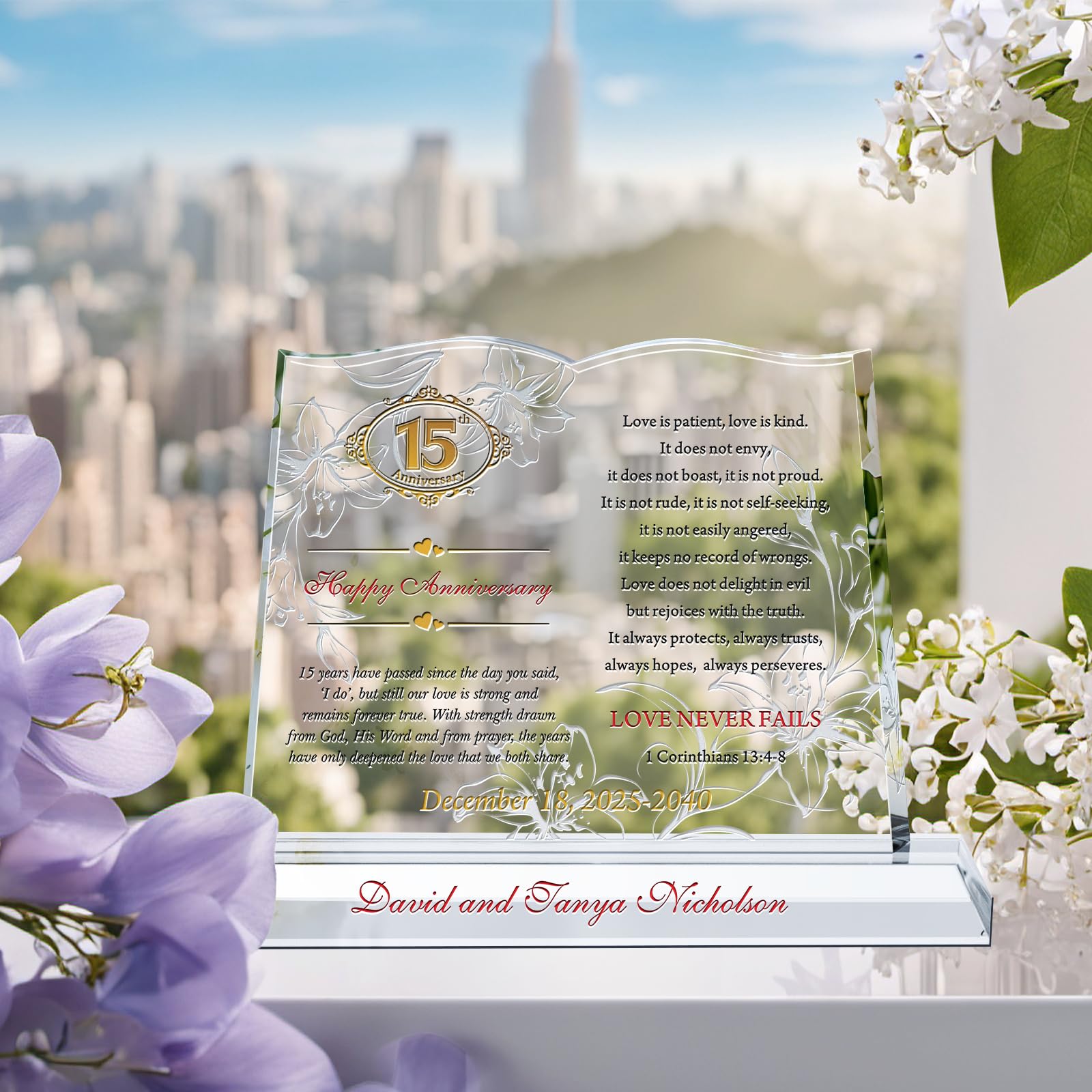 Personalized Bible Crystal Gift for 15th Wedding Anniversary - Custom Engraved with 1 Corinthians & Couple Names - Religious Keepsake for Him or Her (10 Inch) - Perfect Christian Anniversary Present for Spouse, Baptism, or Church Celebration