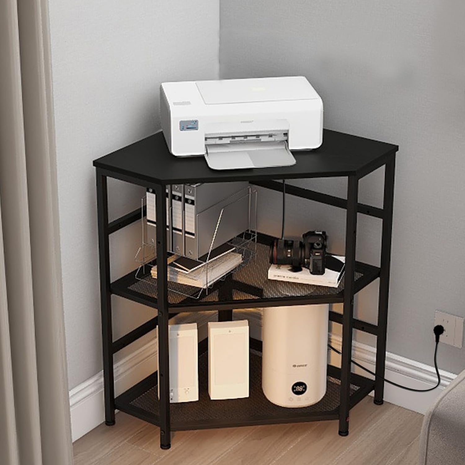 VEDECASA Corner Printer Stand with Power Outlet & USB Ports - Adjustable Storage Shelf & CPU Tower Holder - Home Office Desk Organizer for Printer, Computer & Accessories (Black) - Perfect for Small Spaces & Clutter-Free Workspaces