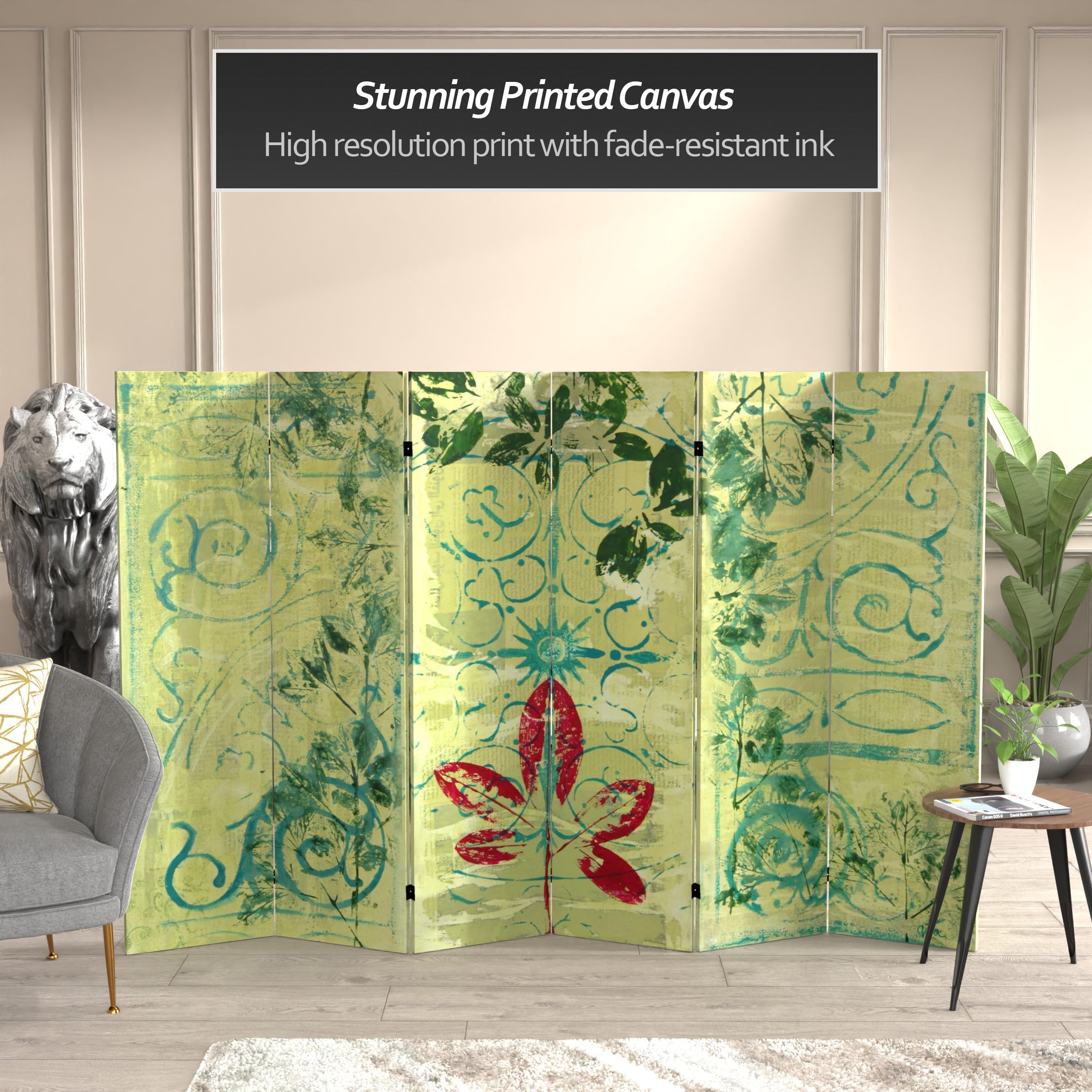 5.25 ft Red Lantern Garden Gate Canvas Room Divider - 6 Panel Folding Privacy Screen (63