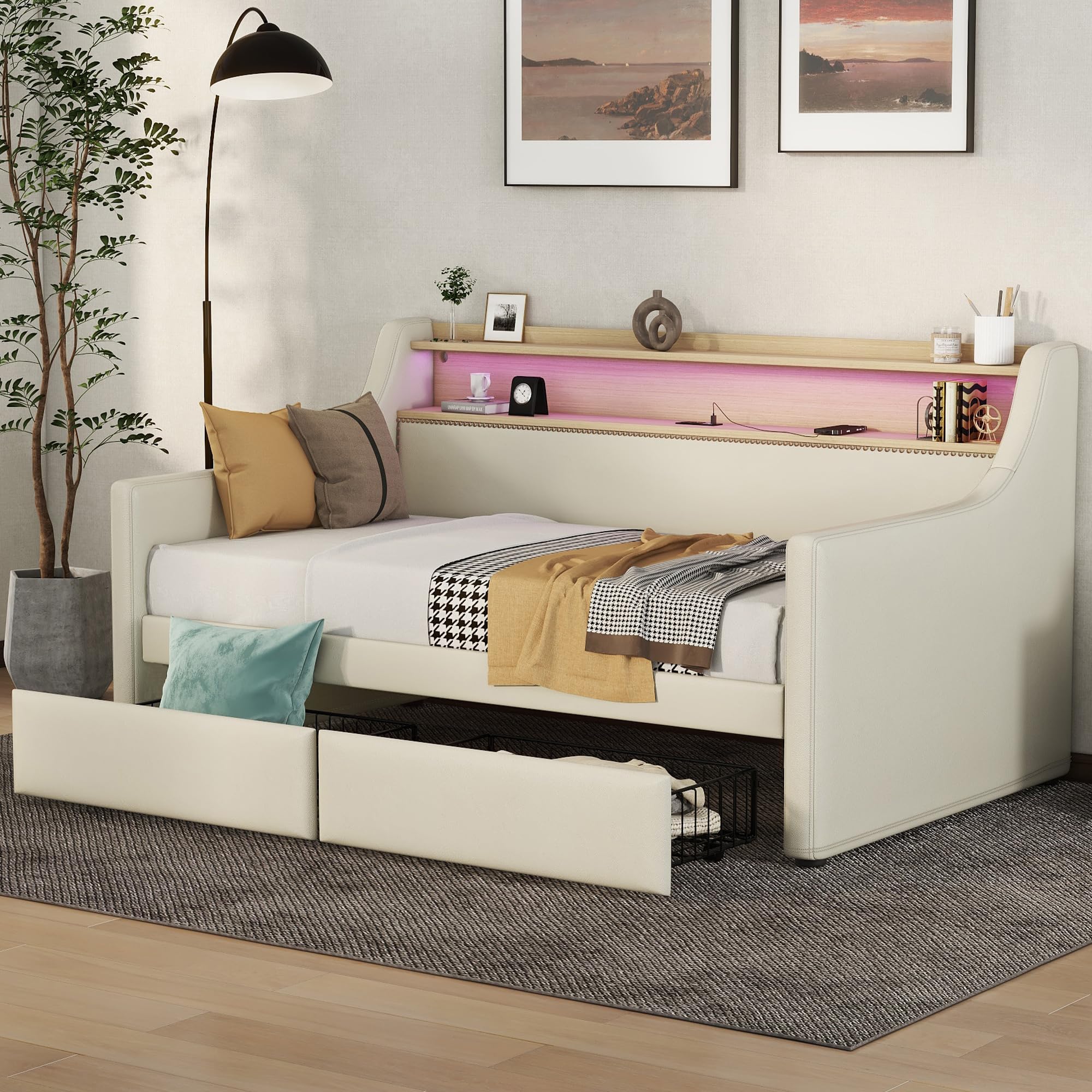 Twin Size Upholstered Daybed with 2 Drawers, Wooden Frame, USB Charging Station & LED Lights, PU Leather Sofa Bed with Slat Support - Modern Sleeper for Small Spaces, Guest Room, Dorm or Studio Apartment (Beige)