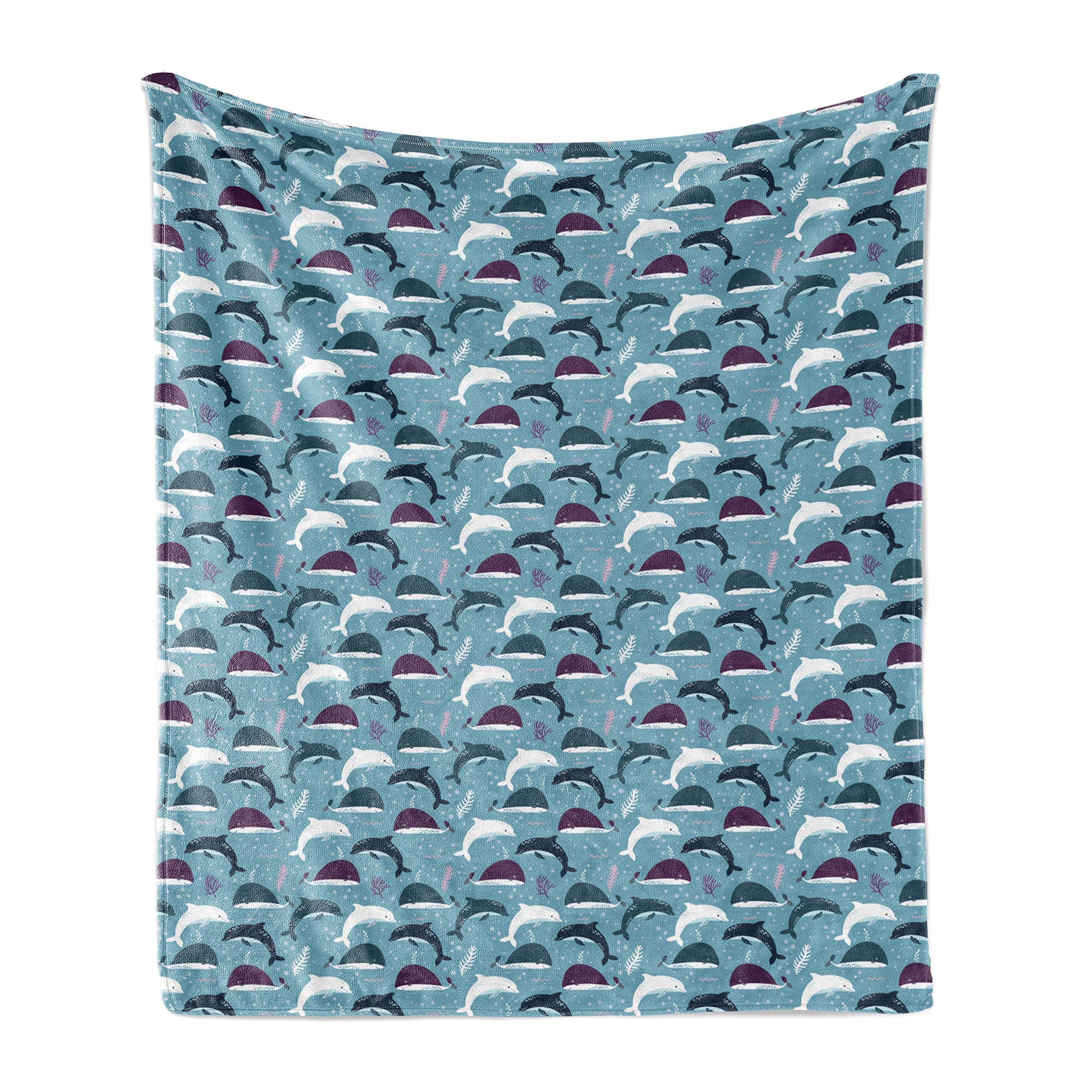 Ambesonne Nautical Throw Blanket - Soft Flannel Fleece Blanket with Cartoon Sea Life Design, Whales Dolphins Bubbles & Corals - 50