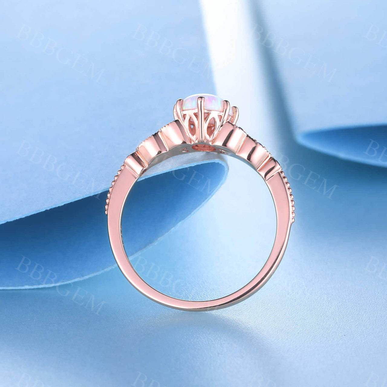 14K Solid Rose Gold Oval White Opal Engagement Ring with Sapphire Accents - Perfect Promise Ring for Weddings, Anniversaries & Romantic Gifts