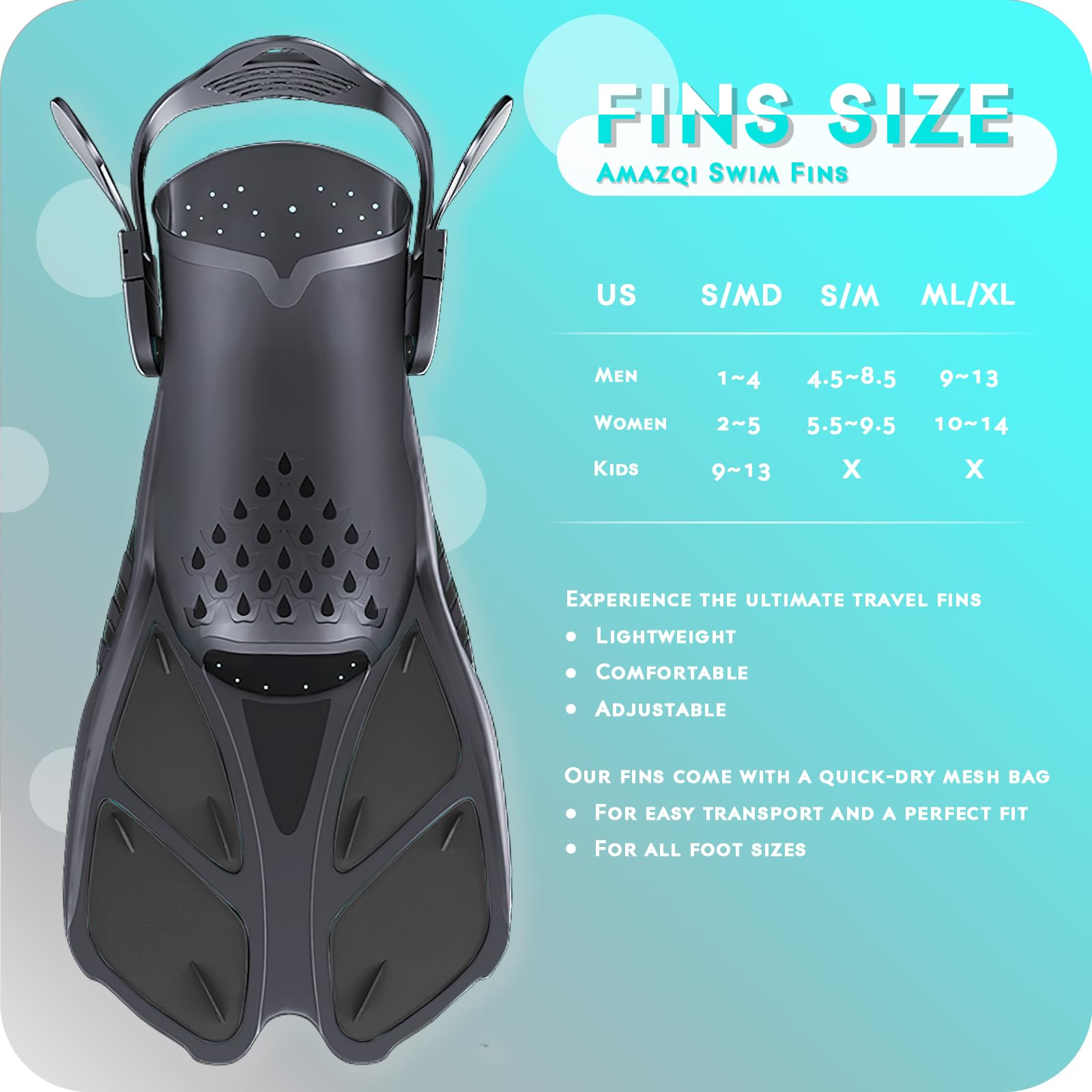**Best Swim Fins for Snorkeling & Diving - Adjustable Travel Size Short Flippers with Open Heel - Perfect for Men, Women & Kids - Ideal for Pool, Beach & Ocean Adventures**